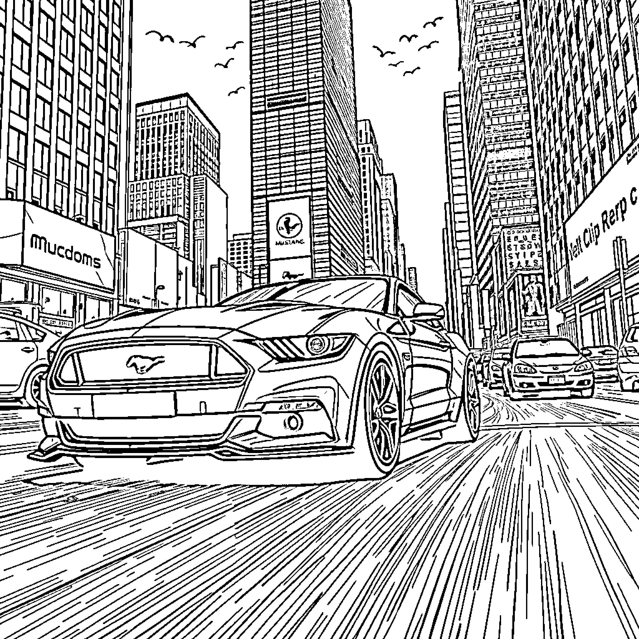Mustang racing through the city streets Coloring Page (free black-and-white line drawing printable PDF for all, from beginners to advanced learners, including children, teens, adults, and seniors)
