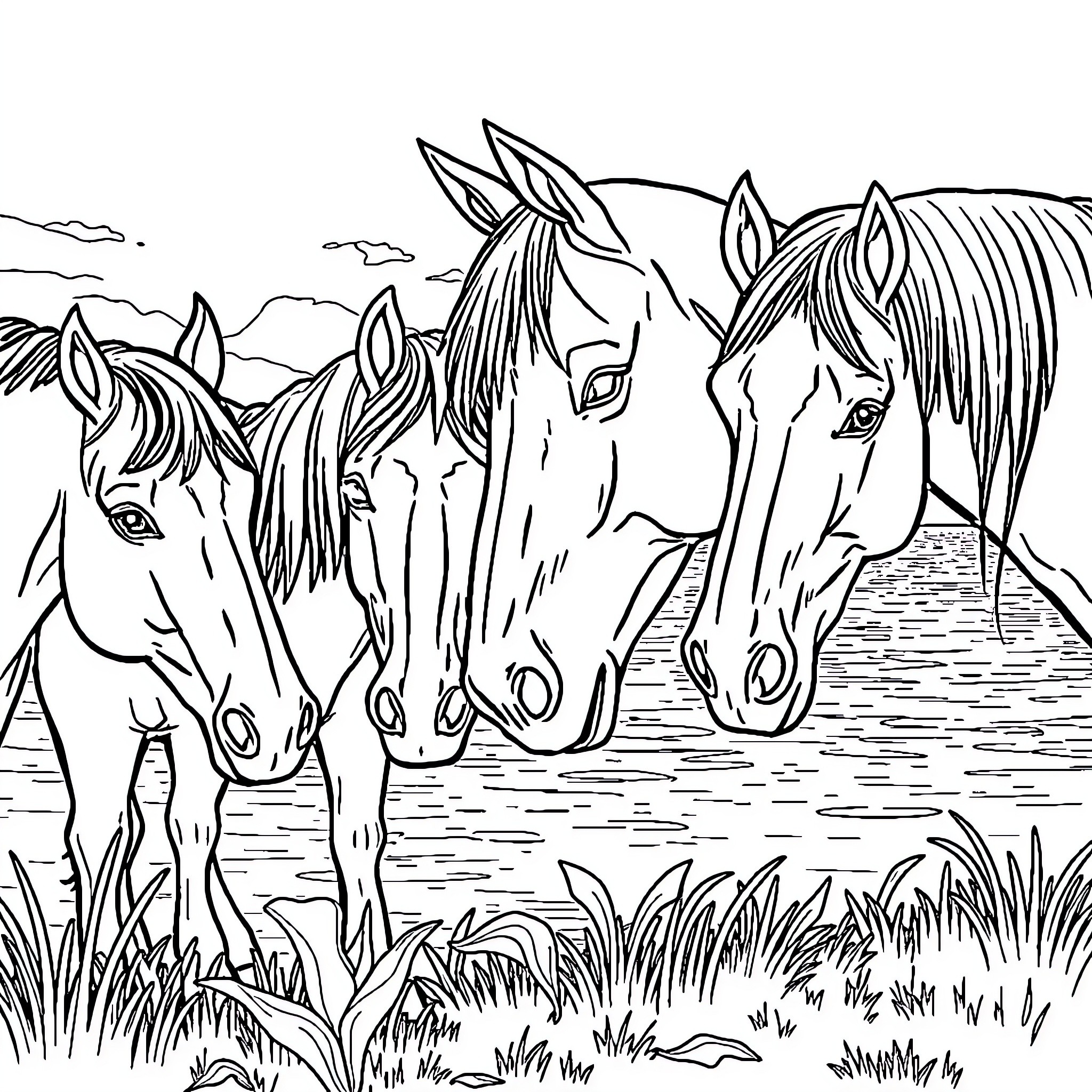 Horse Herd Grazing in Scenic Countryside Coloring Page (free black-and-white line drawing printable PDF for all, from beginners to advanced learners, including children, teens, adults, and seniors)