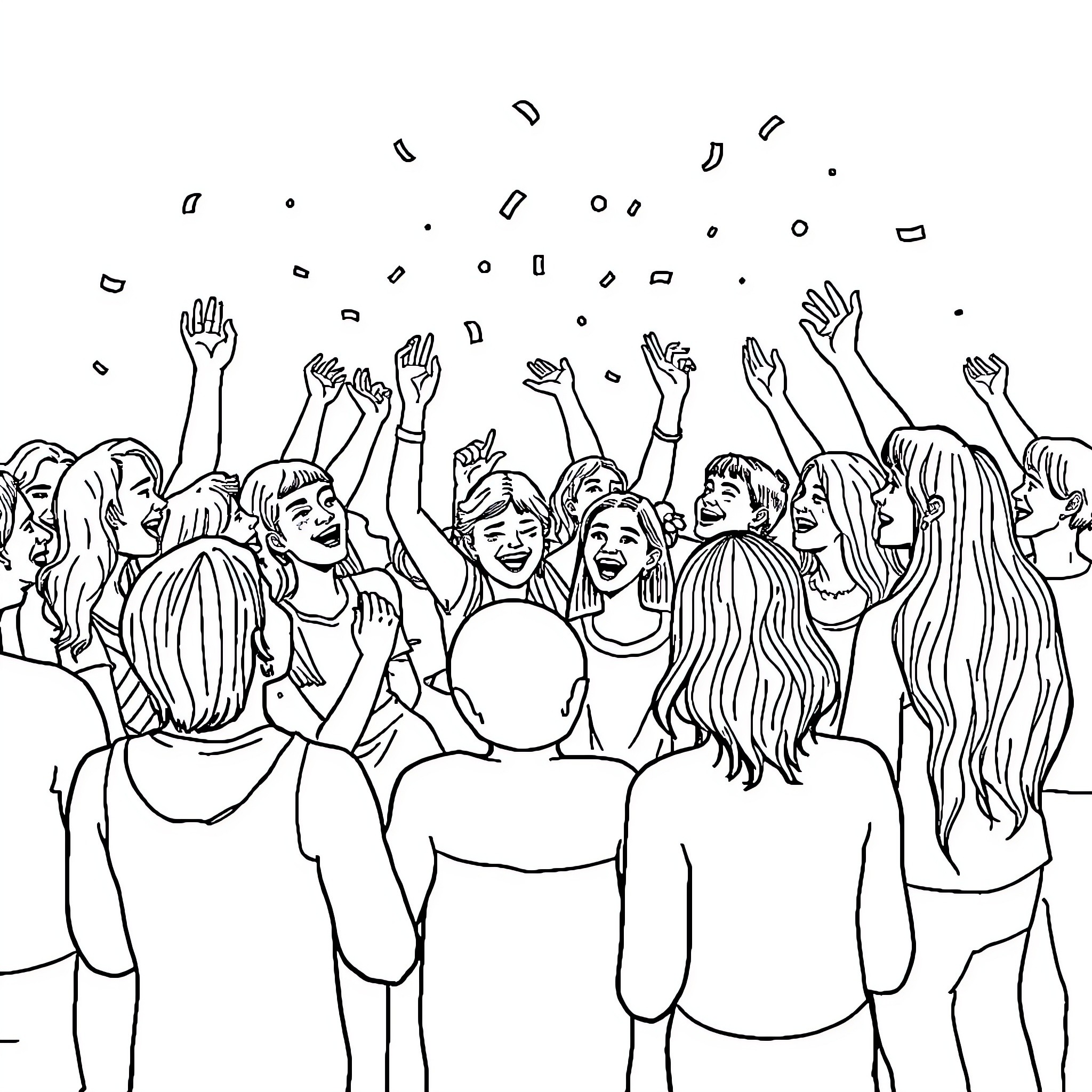 Girls celebrating together with hands raised Coloring Page (free black-and-white line drawing printable PDF for all, from beginners to advanced learners, including children, teens, adults, and seniors)