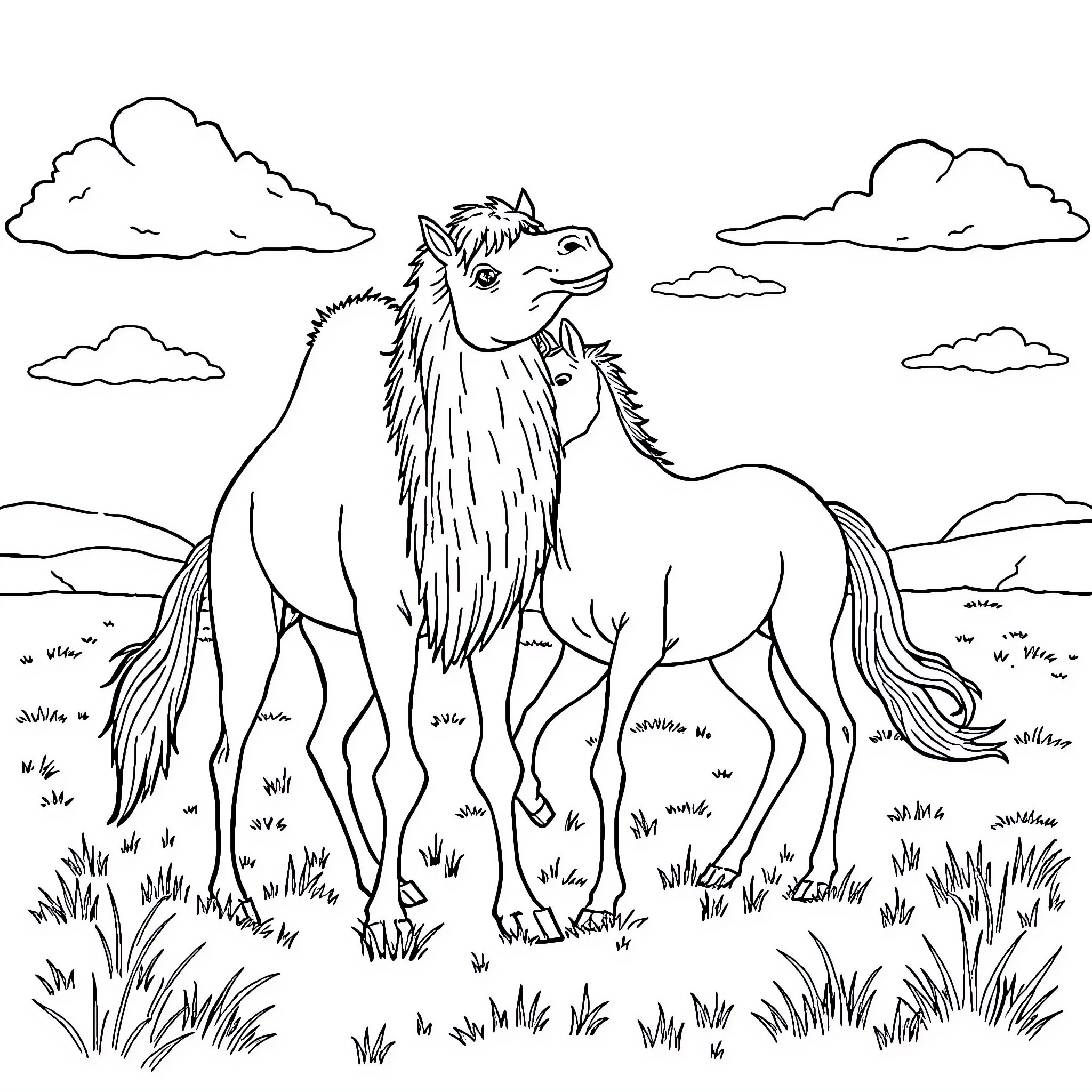 Bactrian Camel standing proudly in the wilderness Coloring Page (free black-and-white line drawing printable PDF for all, from beginners to advanced learners, including children, teens, adults, and seniors)