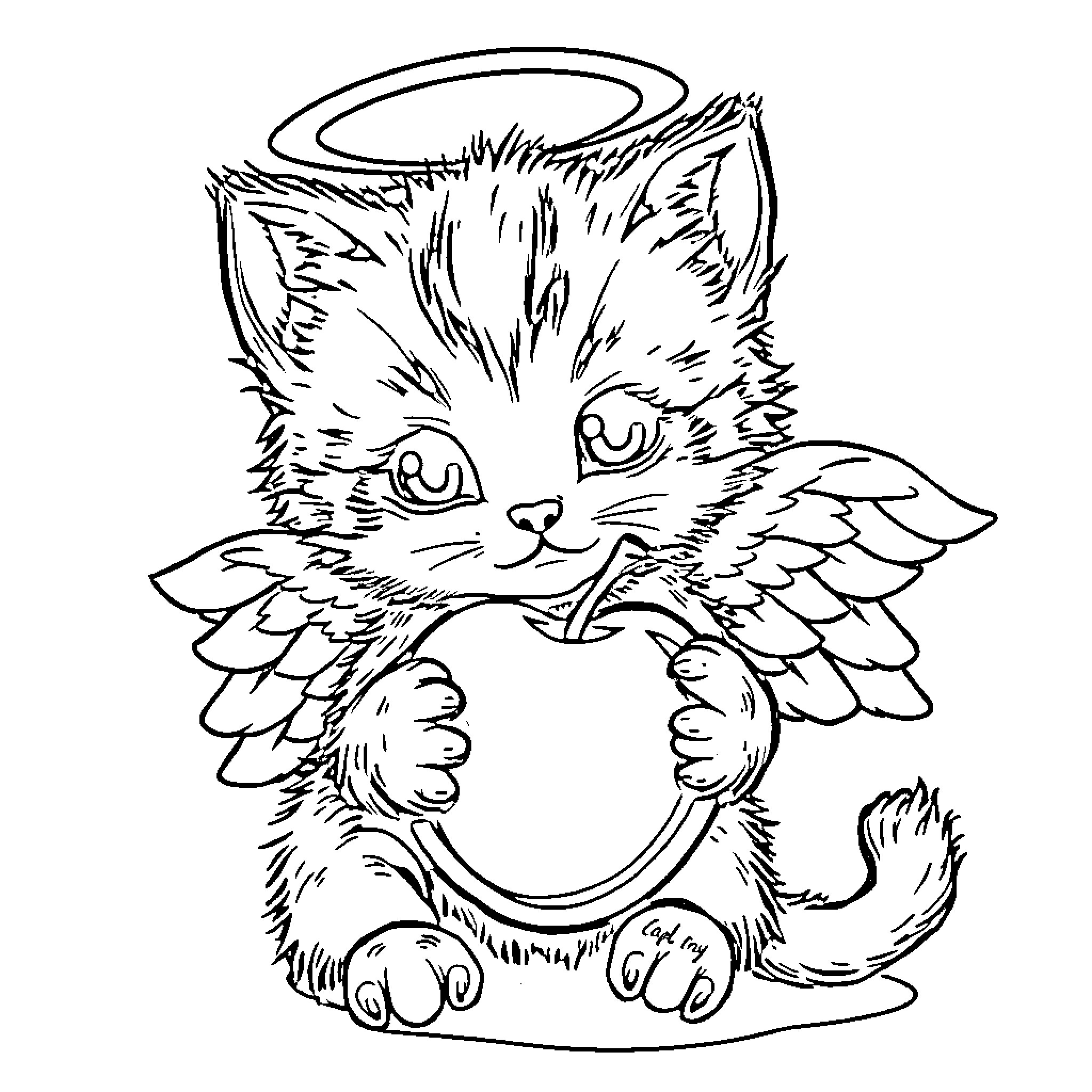 Kitten Angel with Halo and Wings Coloring Page (free black-and-white line drawing printable PDF for all, from beginners to advanced learners, including children, teens, adults, and seniors)