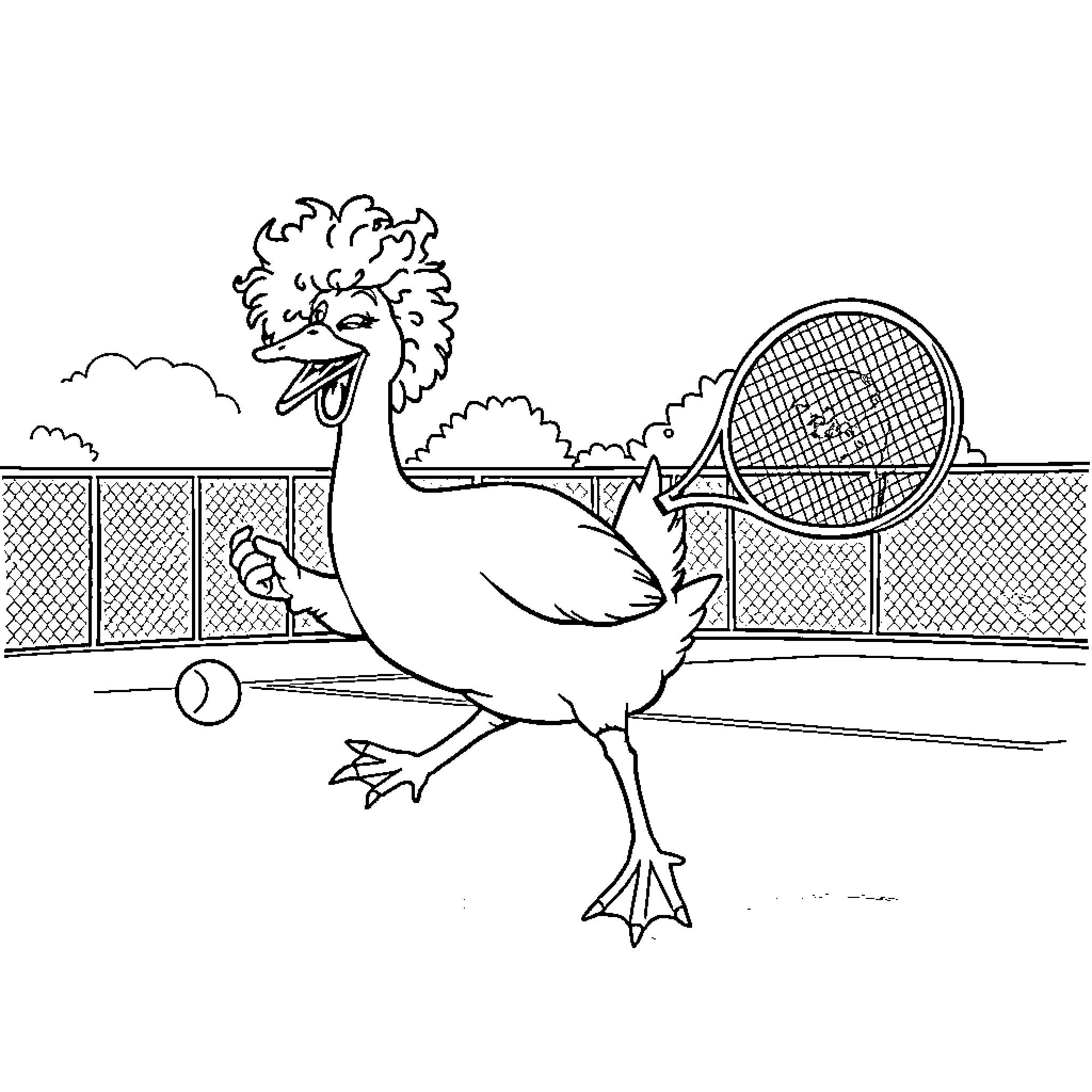 Goose playing with tennis racket on court Coloring Page (free black-and-white line drawing printable PDF for all, from beginners to advanced learners, including children, teens, adults, and seniors)
