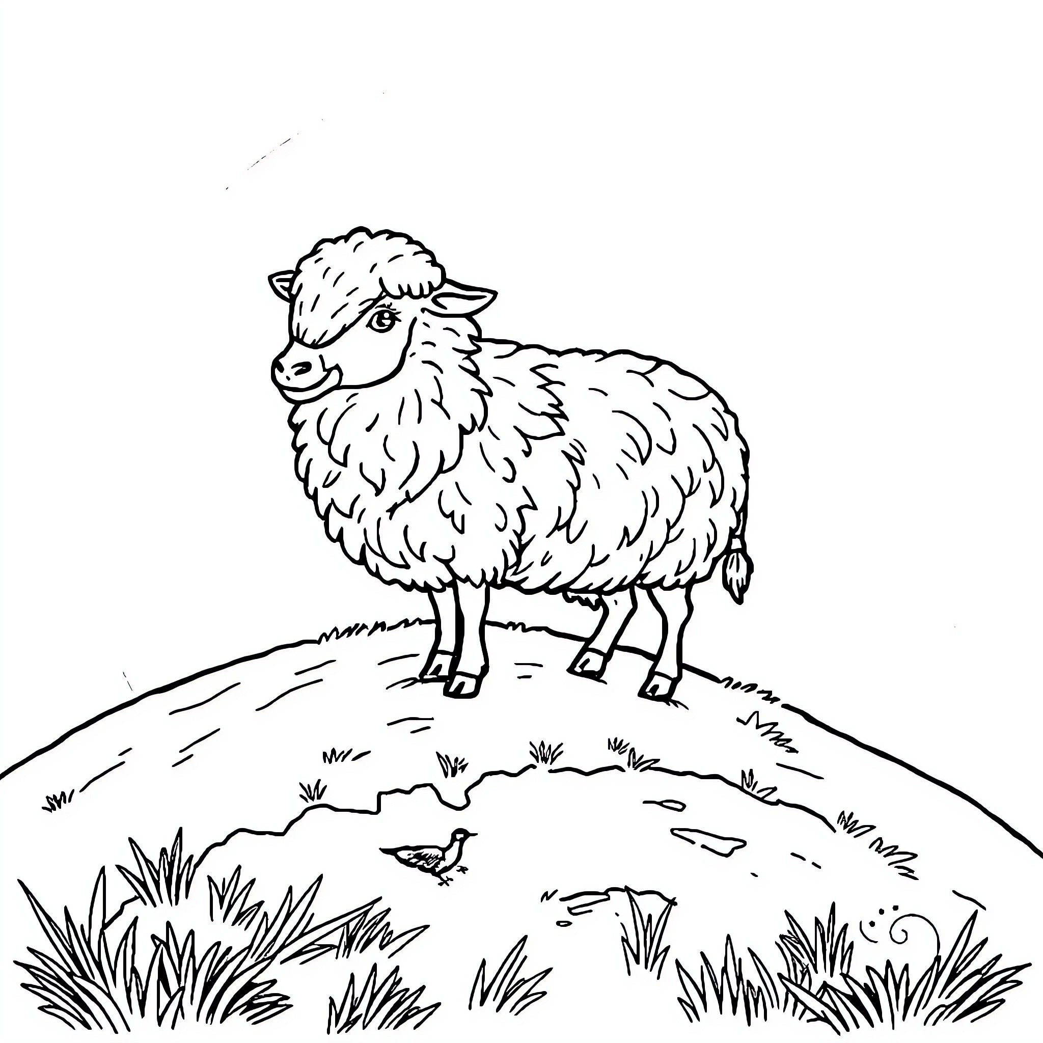 Mouton standing amidst grassy field Coloring Page (free black-and-white line drawing printable PDF for all, from beginners to advanced learners, including children, teens, adults, and seniors)