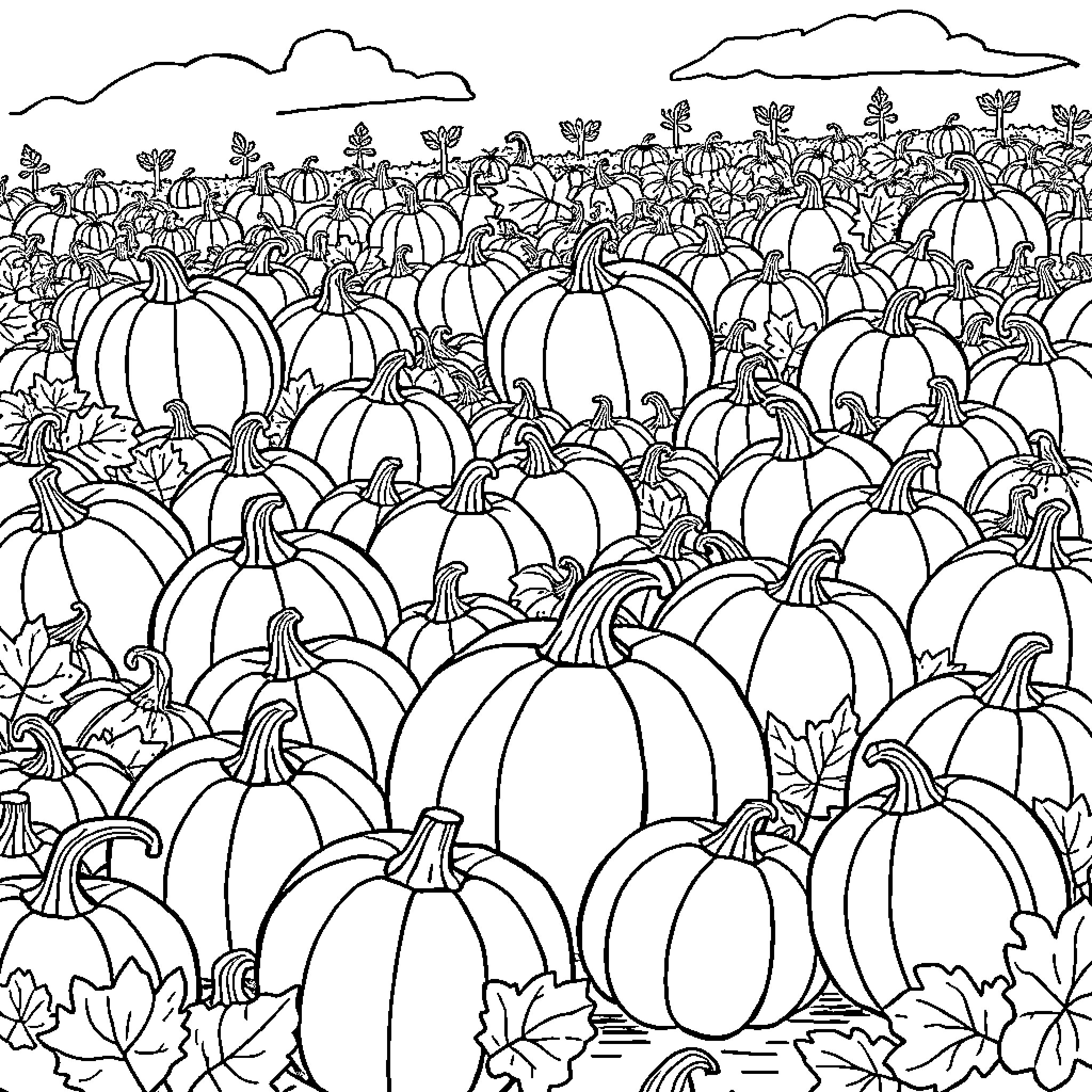 Pumpkin Patch: Autumn's Bountiful Harvest Coloring Page (free black-and-white line drawing printable PDF for all, from beginners to advanced learners, including children, teens, adults, and seniors)