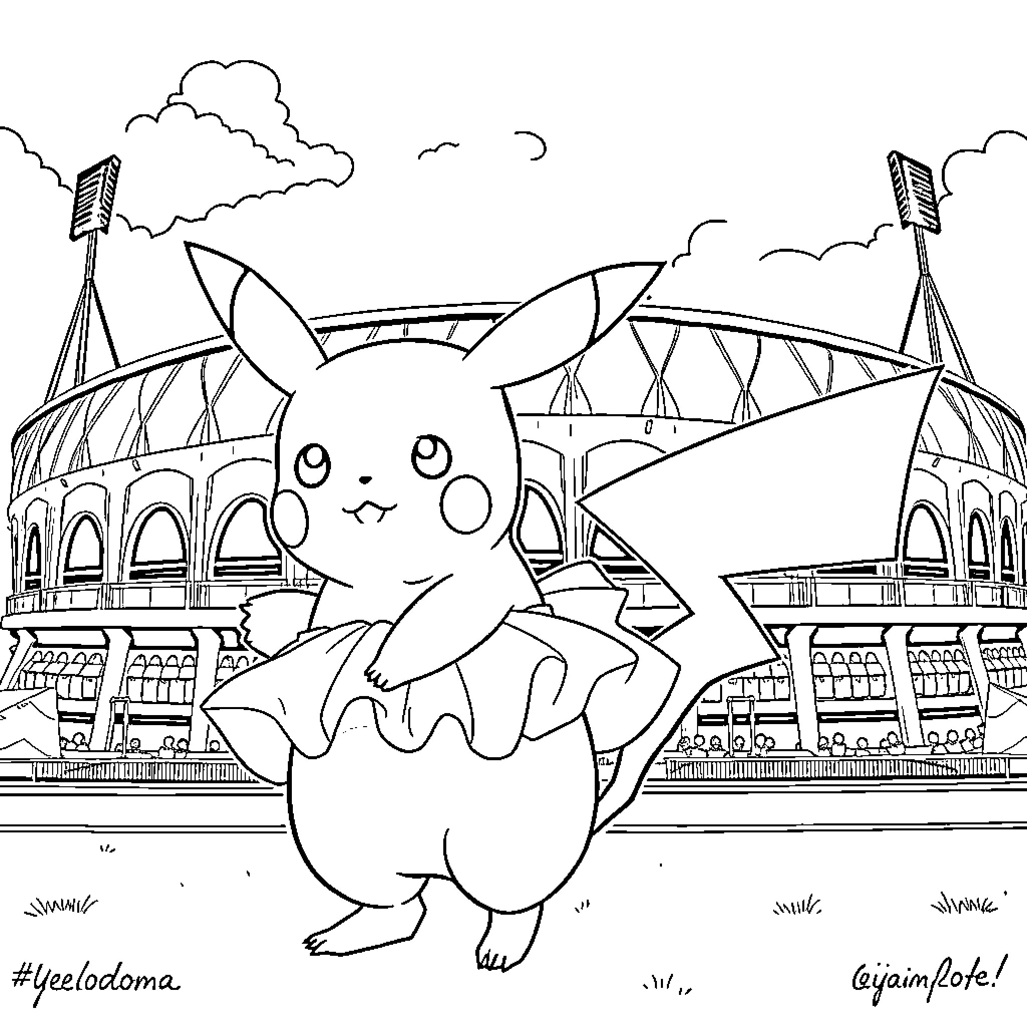 Pikachu Enjoying the Stadium Coloring Page (free black-and-white line drawing printable PDF for all, from beginners to advanced learners, including children, teens, adults, and seniors)