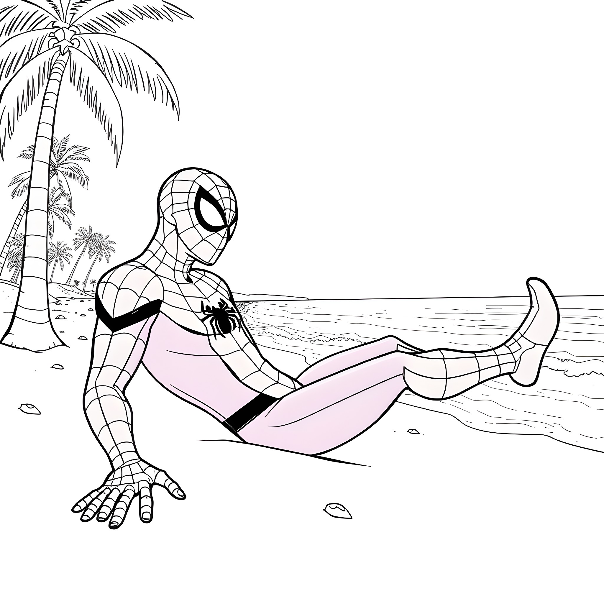 Spiderman relaxing on the beach Coloring Page (free black-and-white line drawing printable PDF for all, from beginners to advanced learners, including children, teens, adults, and seniors)