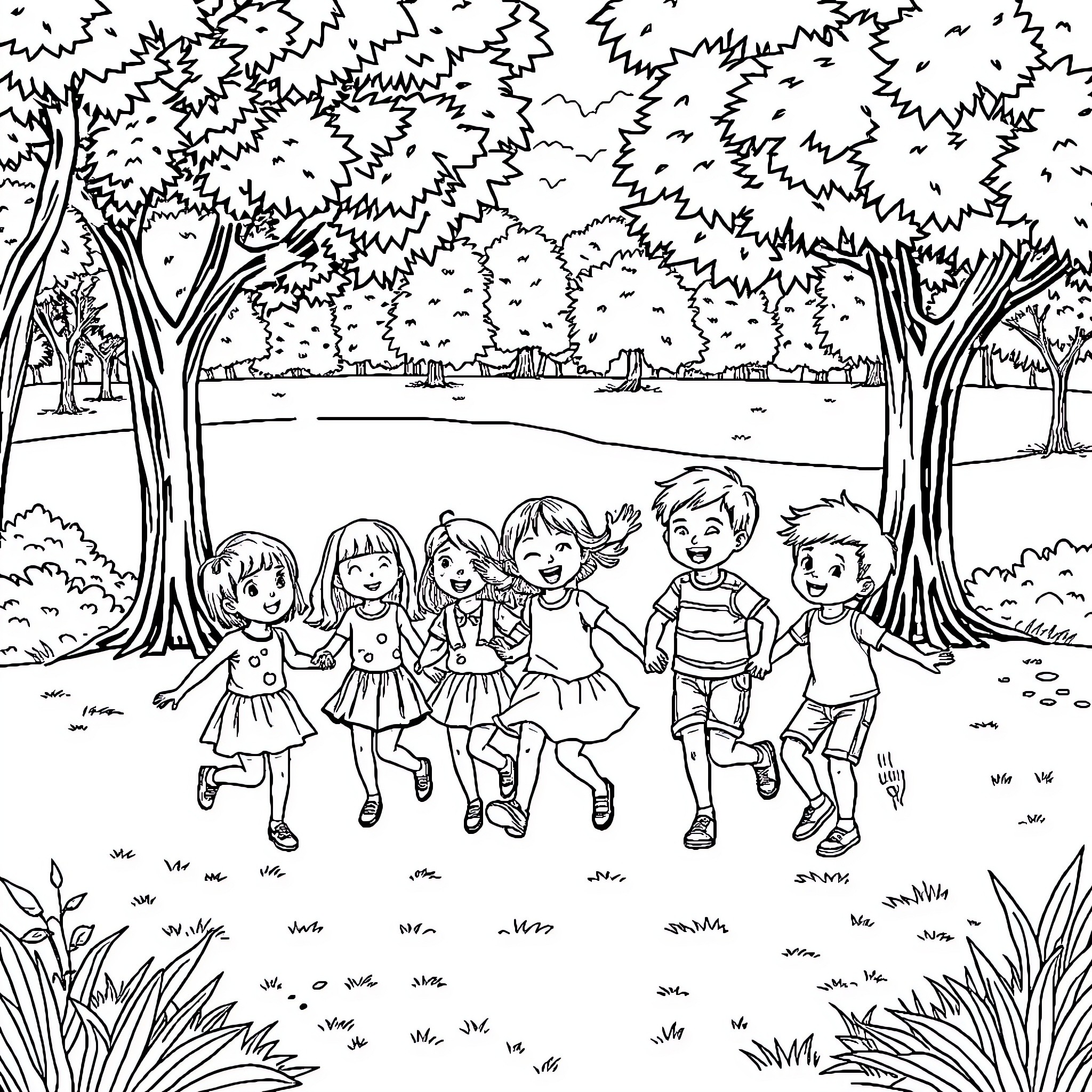 Kid friends playing together in a park Coloring Page (free black-and-white line drawing printable PDF for all, from beginners to advanced learners, including children, teens, adults, and seniors)