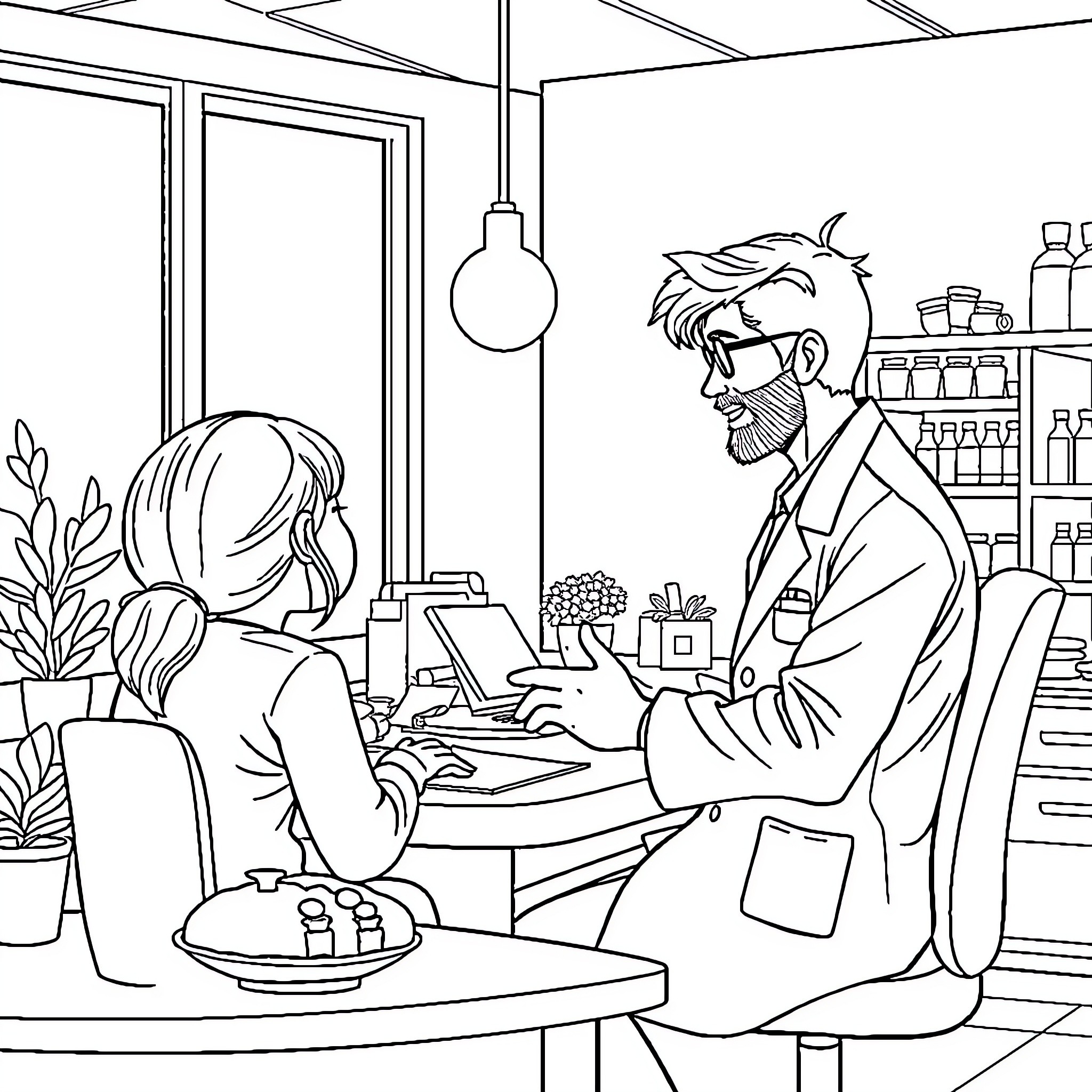 Eren Jaeger working with a customer in an office setting Coloring Page (free black-and-white line drawing printable PDF for all, from beginners to advanced learners, including children, teens, adults, and seniors)