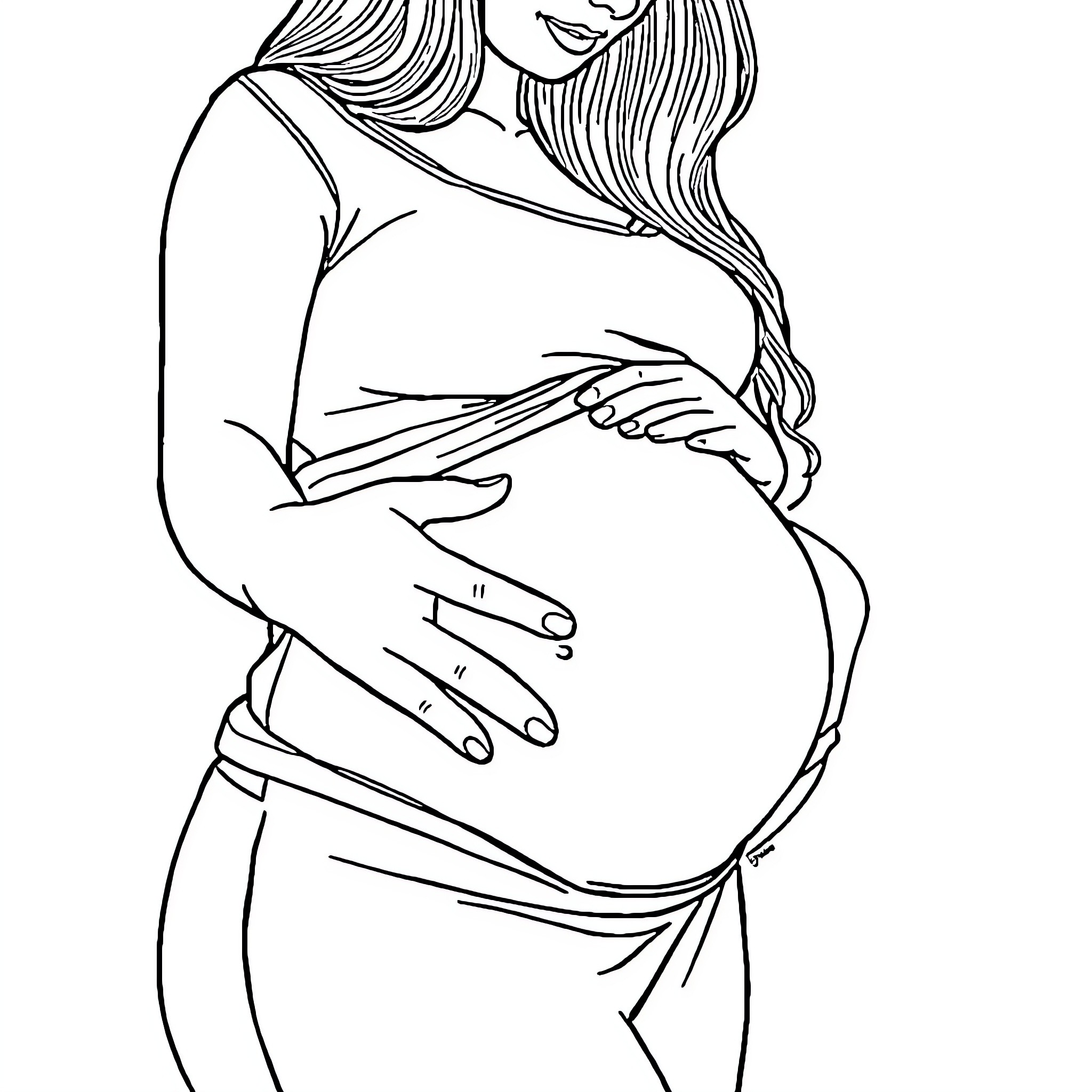 Woman tenderly cradling her pregnant belly Coloring Page (free black-and-white line drawing printable PDF for all, from beginners to advanced learners, including children, teens, adults, and seniors)