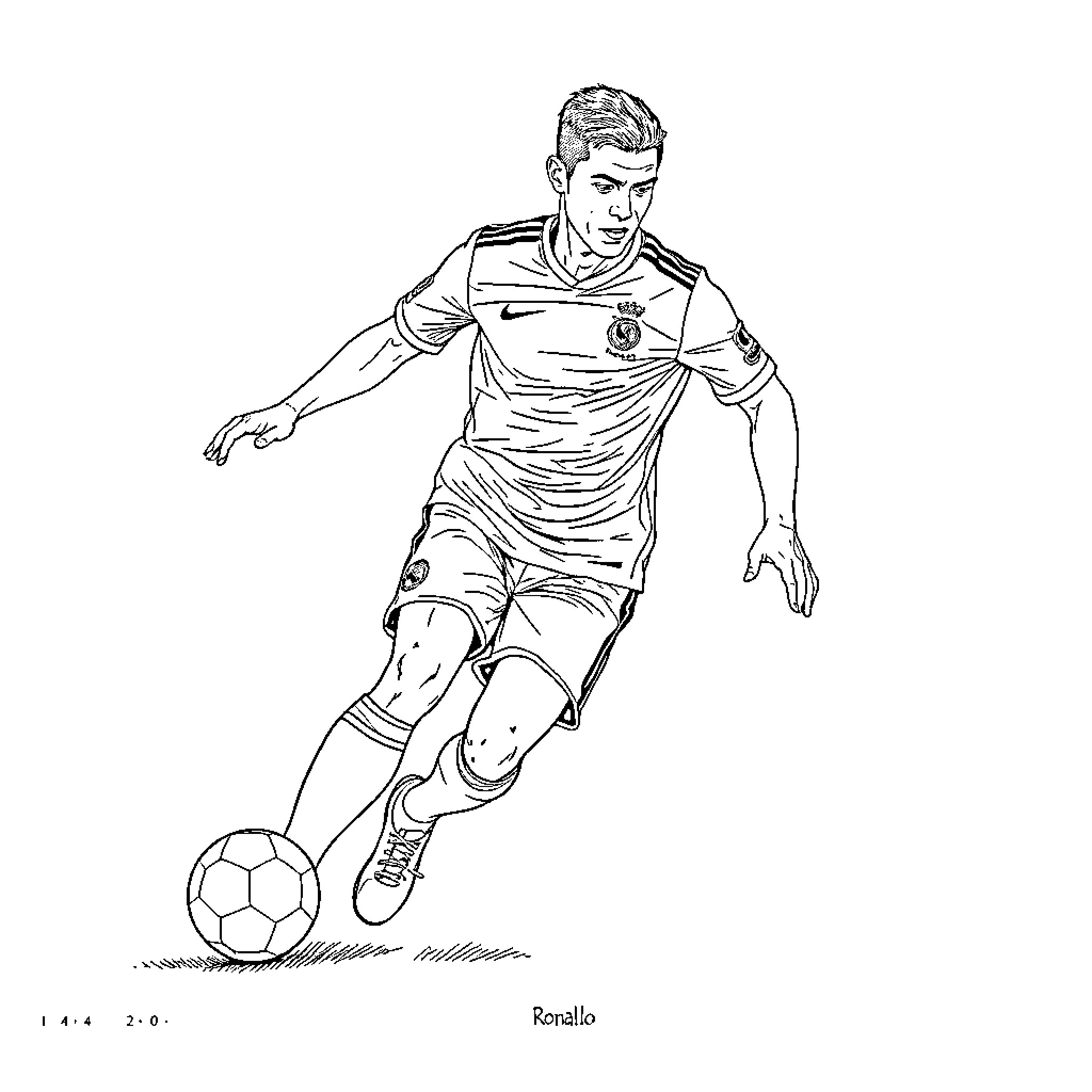 Ronaldo kicking soccer ball in uniform Coloring Page (free black-and-white line drawing printable PDF for all, from beginners to advanced learners, including children, teens, adults, and seniors)