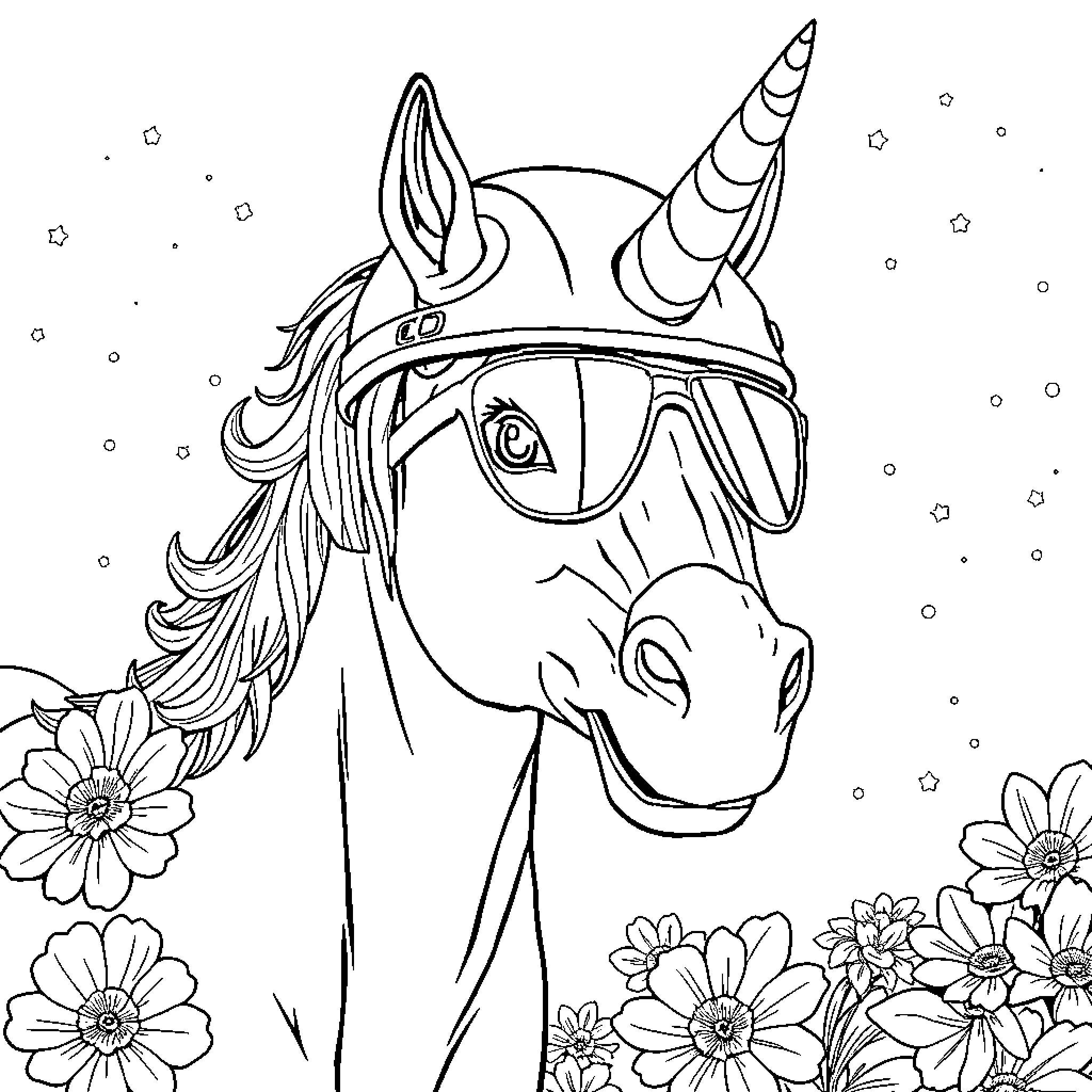 Rhinoceros unicorn with glasses amidst flowers Coloring Page (free black-and-white line drawing printable PDF for all, from beginners to advanced learners, including children, teens, adults, and seniors)