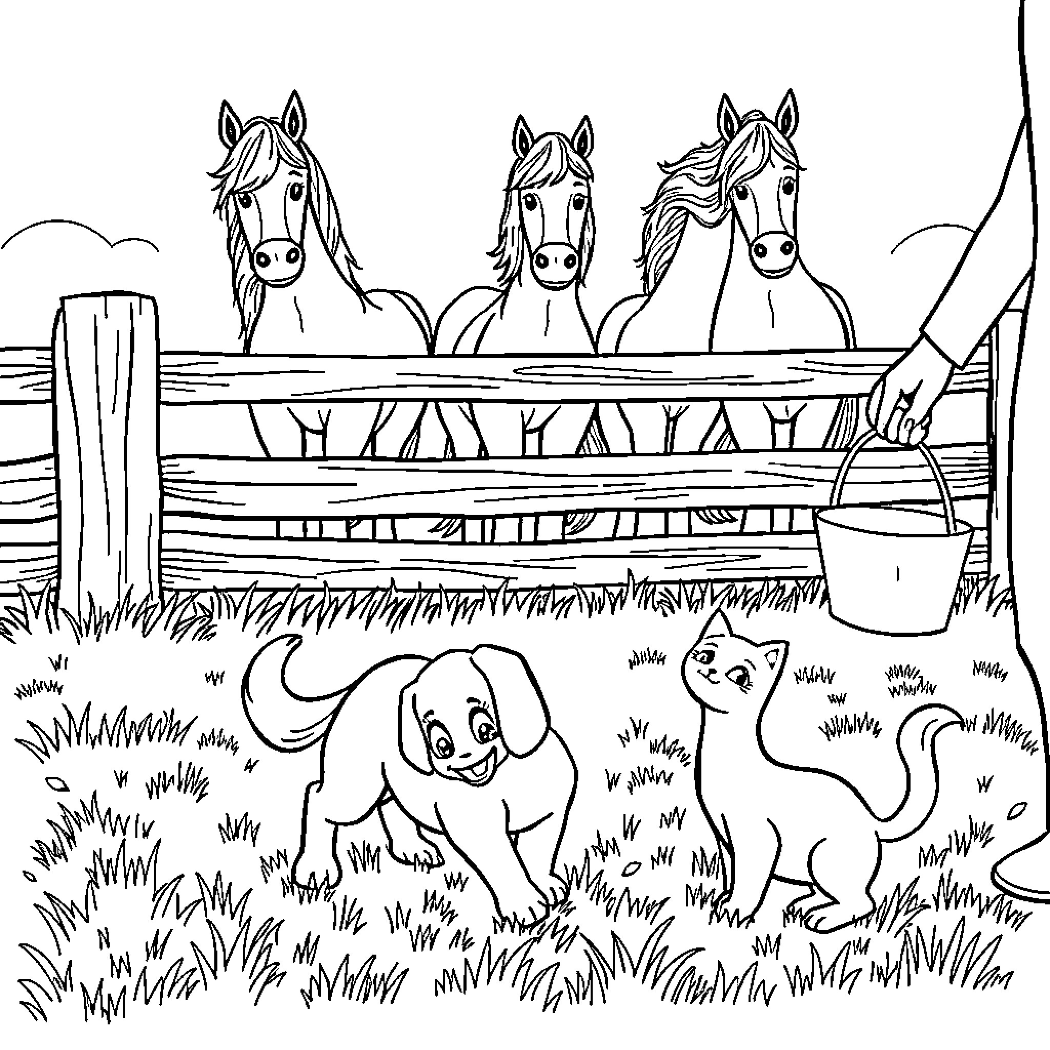 Dog and Kittens Playing in the Farmyard Coloring Page (free black-and-white line drawing printable PDF for all, from beginners to advanced learners, including children, teens, adults, and seniors)