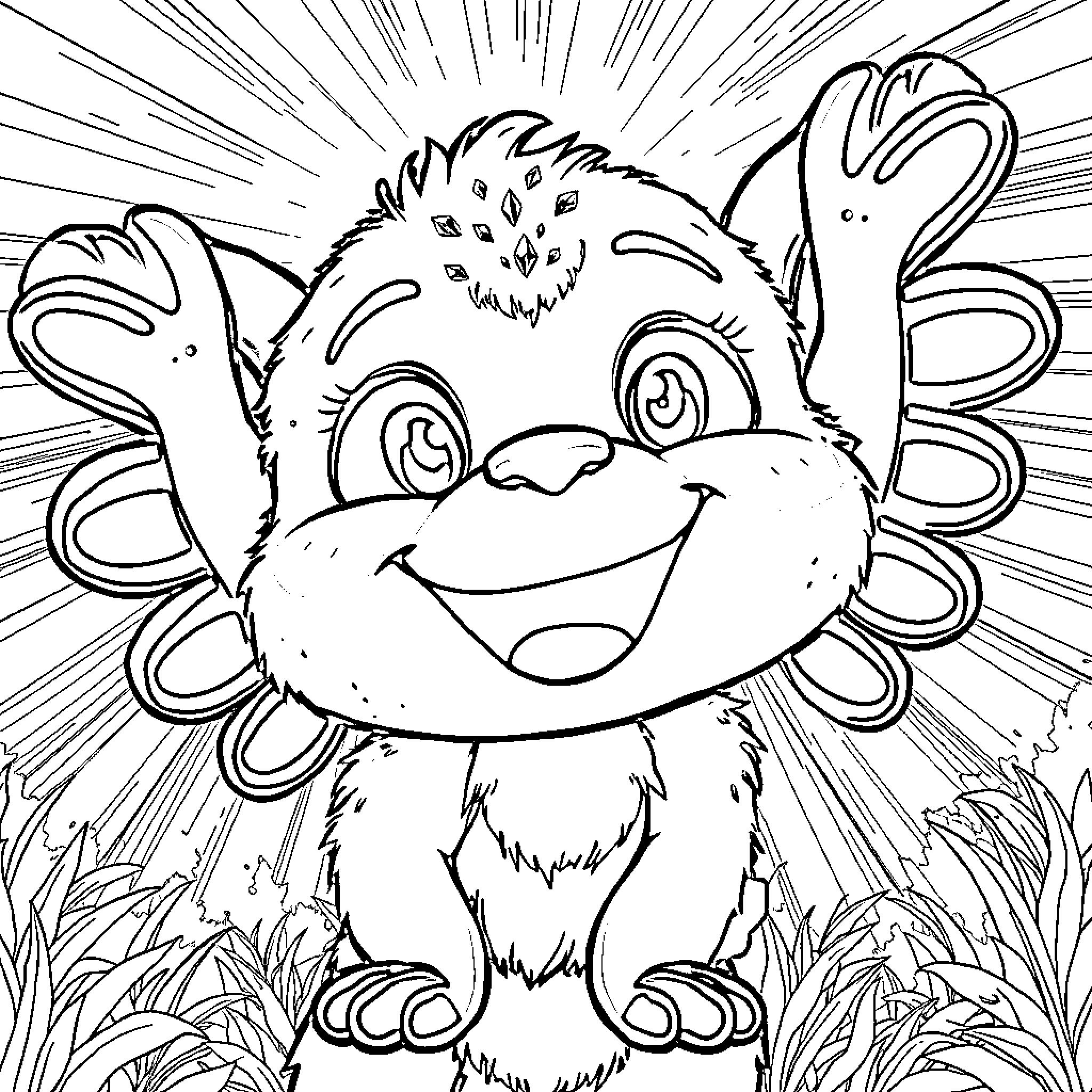 Labubu's Joyful Encounter in the Garden Coloring Page (free black-and-white line drawing printable PDF for all, from beginners to advanced learners, including children, teens, adults, and seniors)