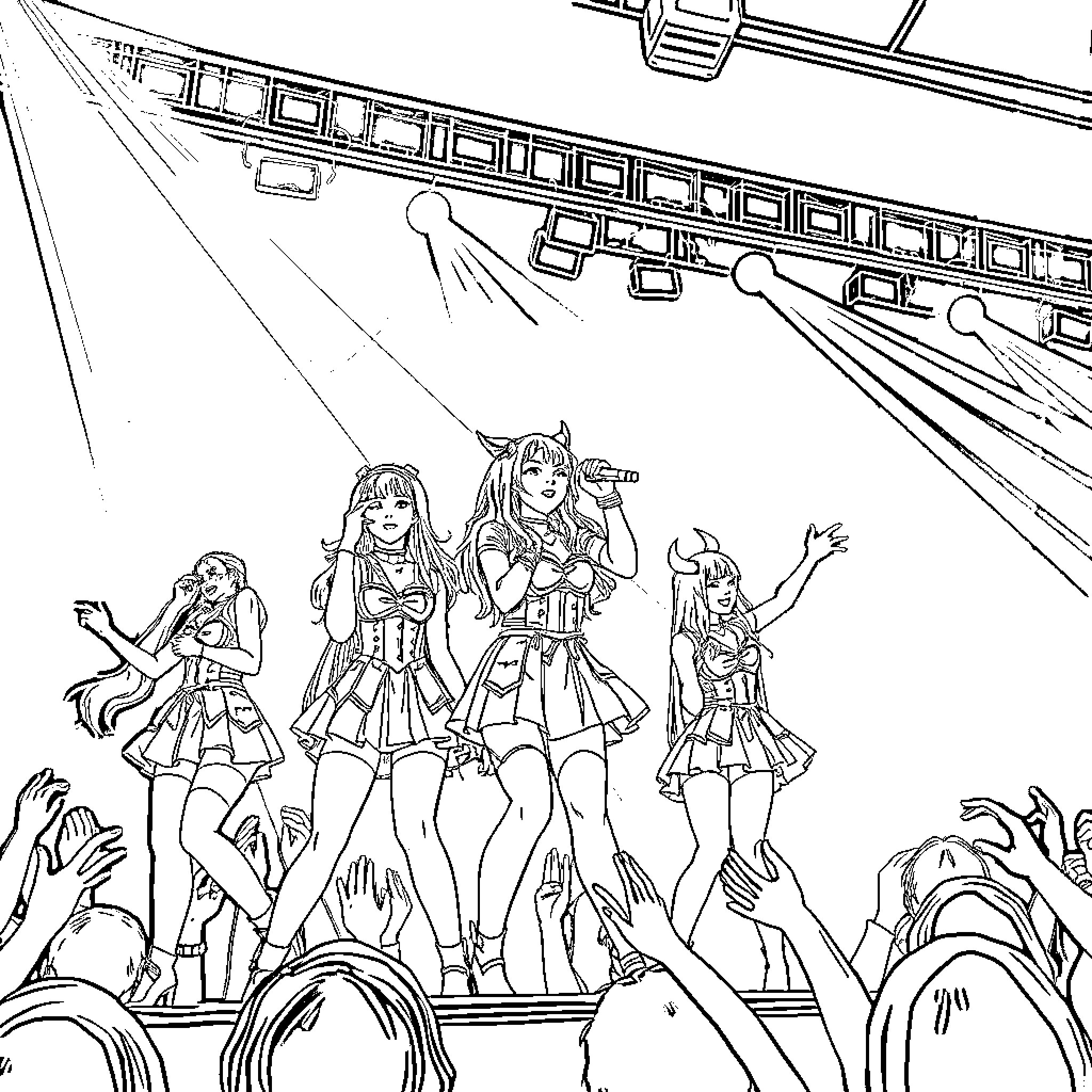 Kpop Demon Hunters on Stage Rocking the Crowd Coloring Page (free black-and-white line drawing printable PDF for all, from beginners to advanced learners, including children, teens, adults, and seniors)