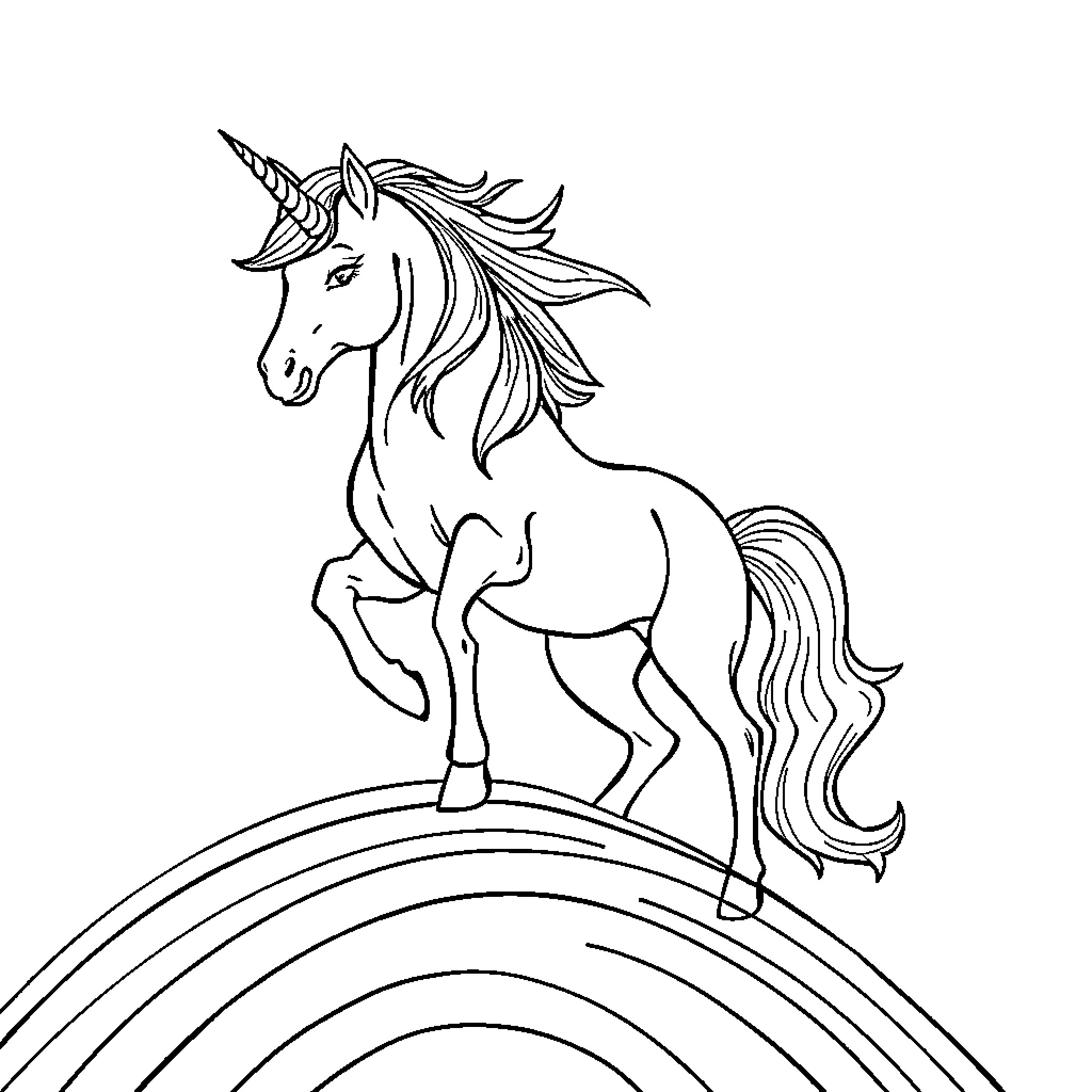 Unicorn Majestically Standing on Rainbow Coloring Page (free black-and-white line drawing printable PDF for all, from beginners to advanced learners, including children, teens, adults, and seniors)