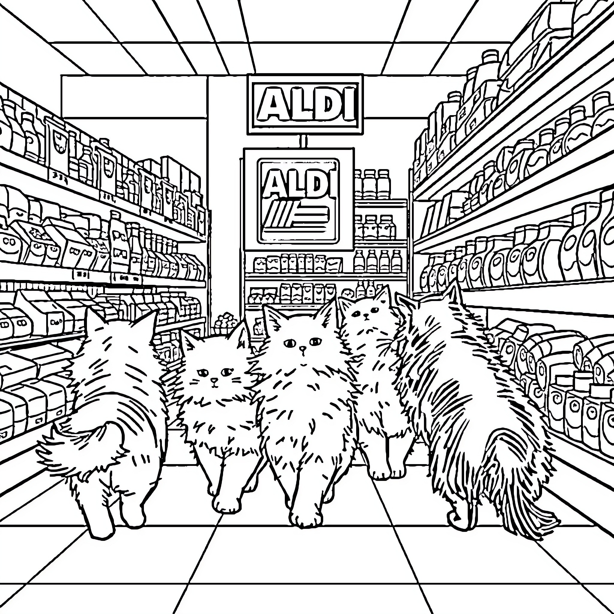 Cat Exploration in the Grocery Store Coloring Page (free black-and-white line drawing printable PDF for all, from beginners to advanced learners, including children, teens, adults, and seniors)