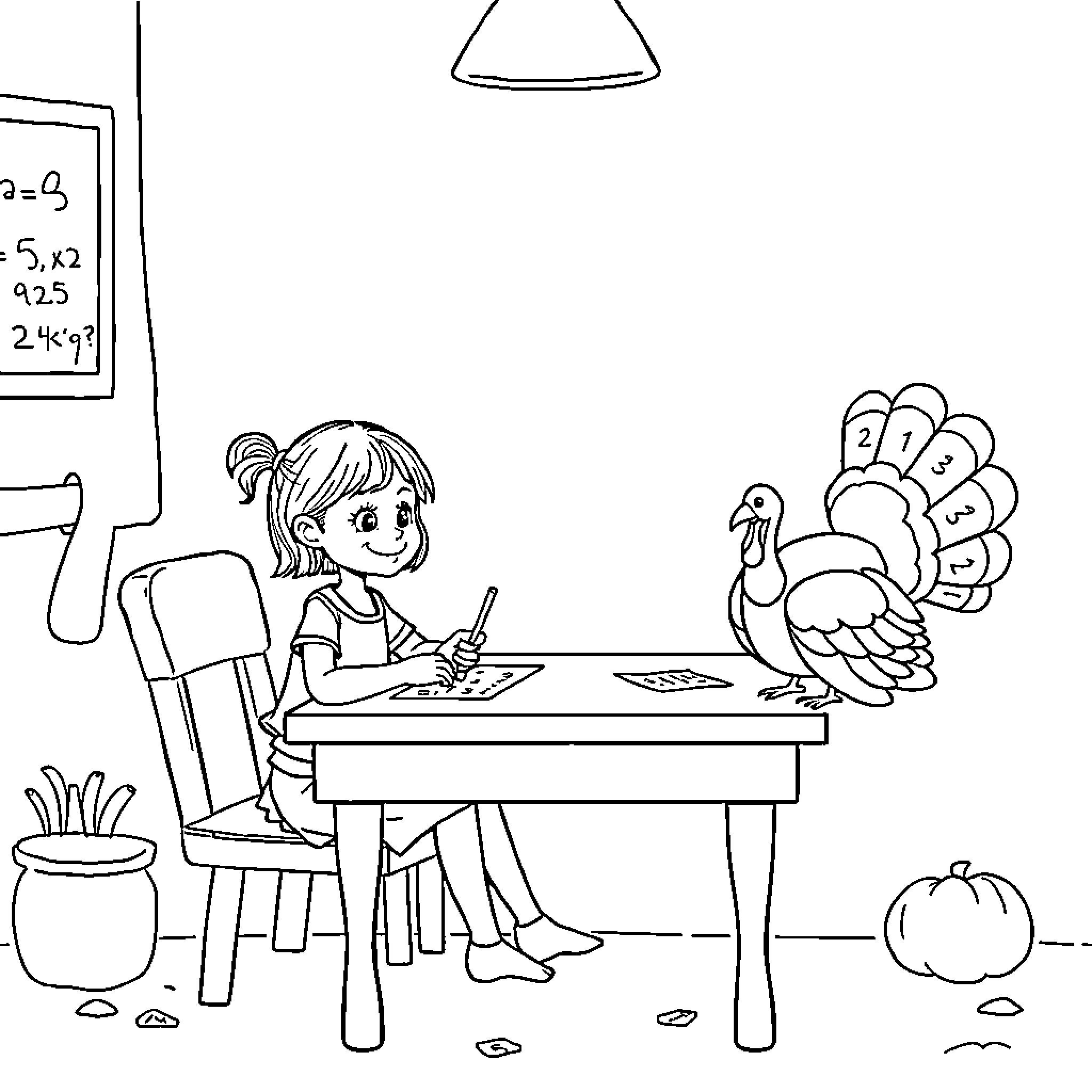 Girl drawing a Thanksgiving turkey at her desk Coloring Page (free black-and-white line drawing printable PDF for all, from beginners to advanced learners, including children, teens, adults, and seniors)