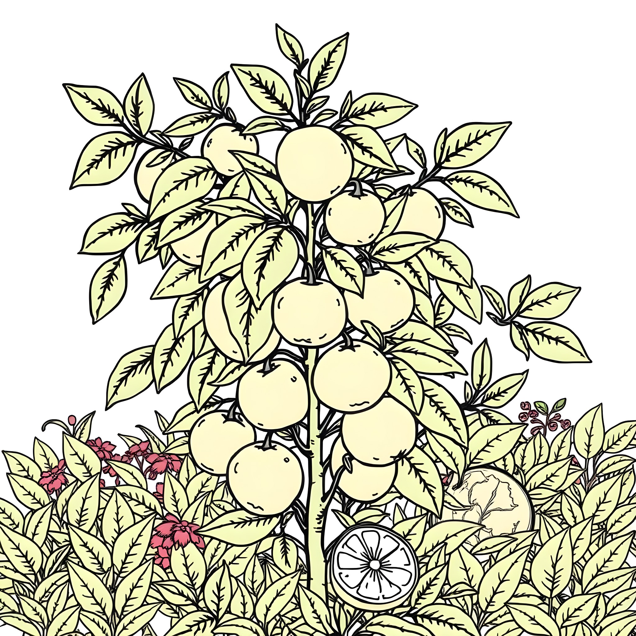 Citron tree with blooming flowers in lush foliage Coloring Page (free black-and-white line drawing printable PDF for all, from beginners to advanced learners, including children, teens, adults, and seniors)