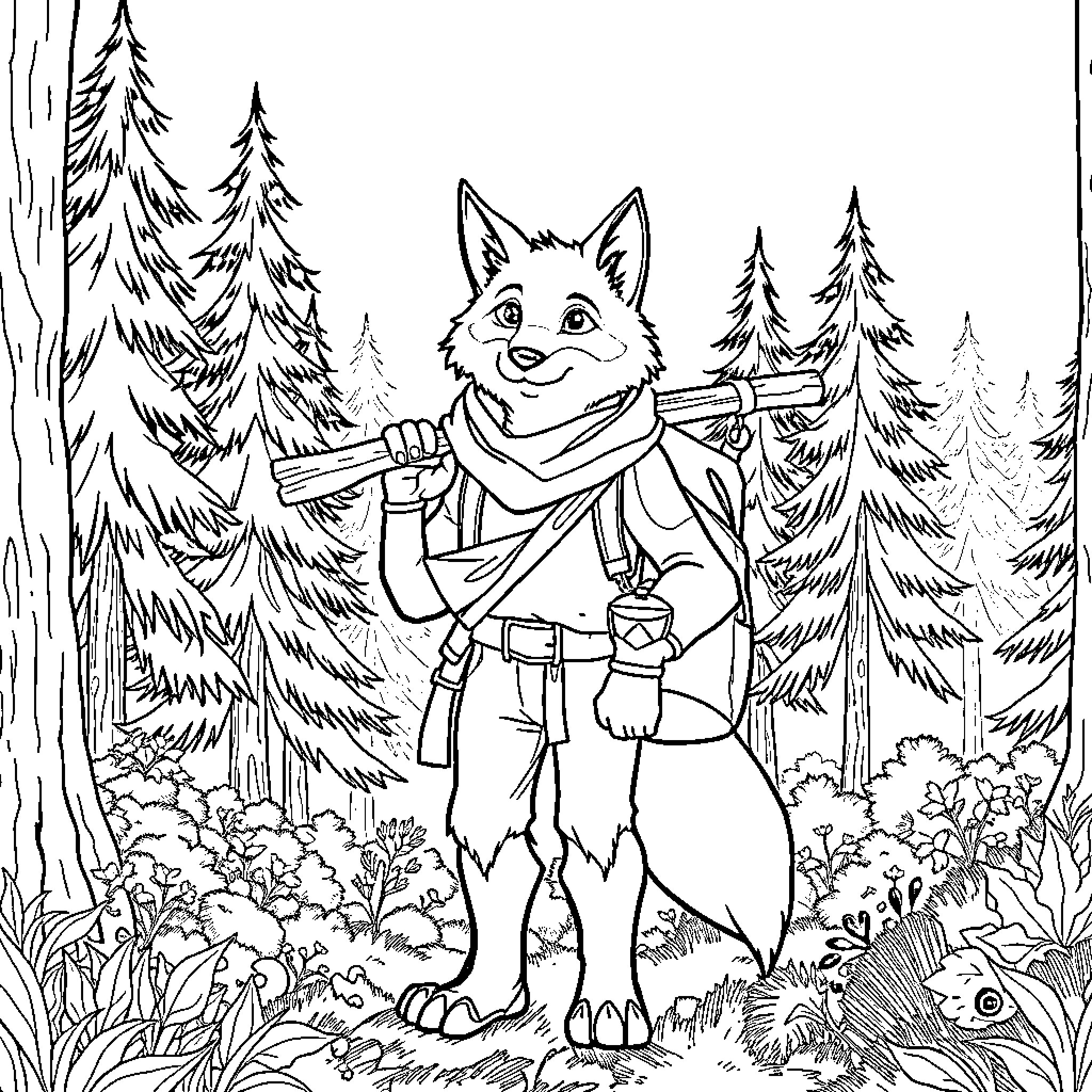 Bear Adventurer Exploring the Wilderness Coloring Page (free black-and-white line drawing printable PDF for all, from beginners to advanced learners, including children, teens, adults, and seniors)