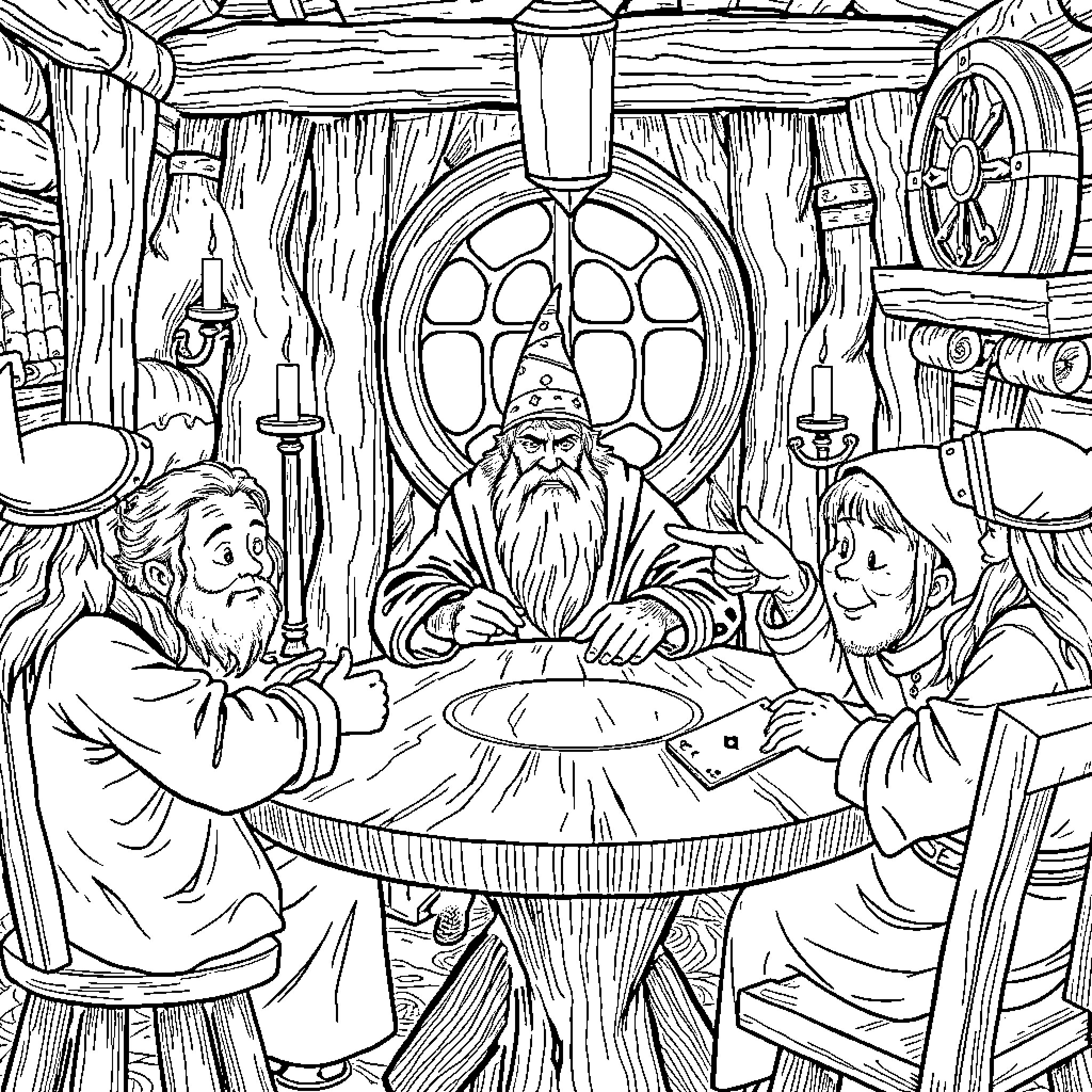 Gandalf hosting a magical gathering in an enchanted dwelling Coloring Page (free black-and-white line drawing printable PDF for all, from beginners to advanced learners, including children, teens, adults, and seniors)