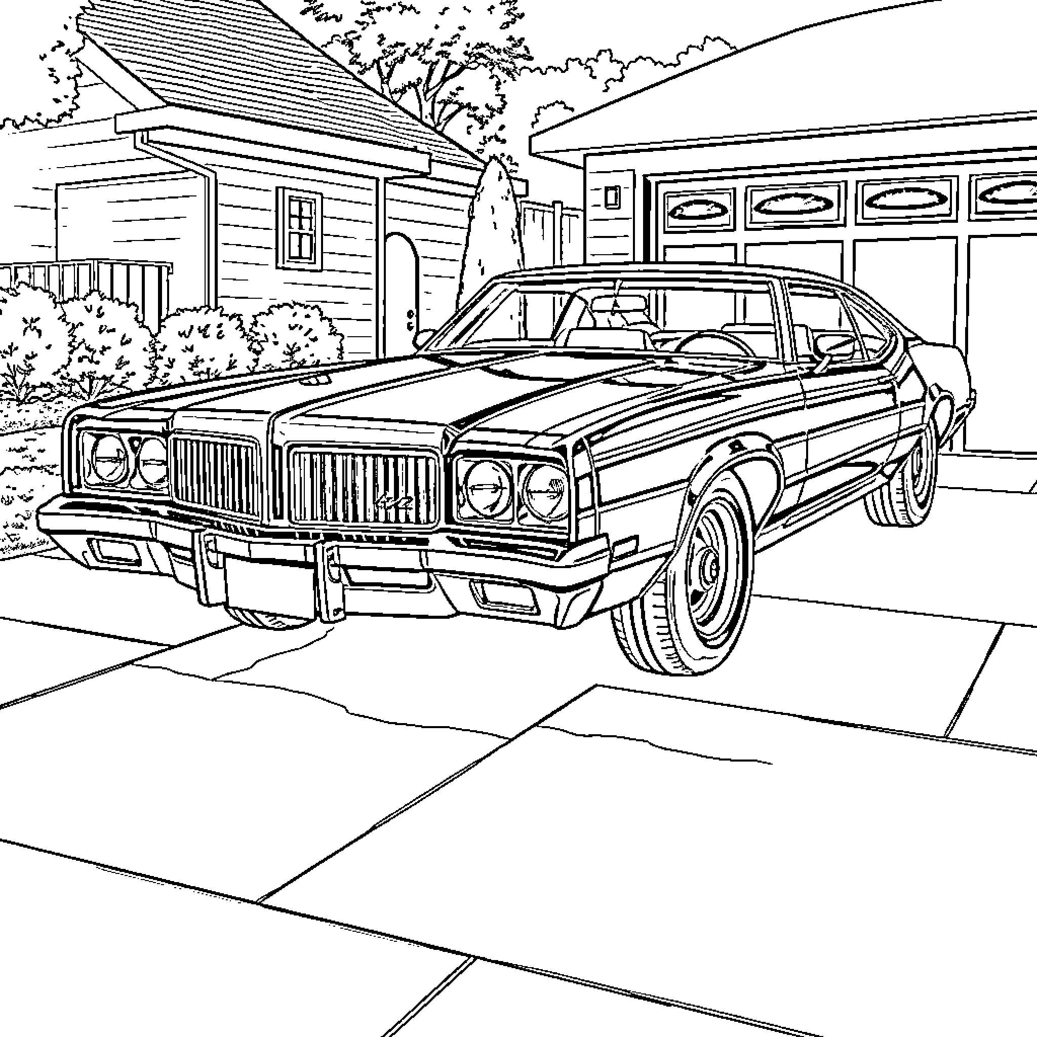 Oldsmobile Classic Car Parked in Front of Suburban Home Coloring Page (free black-and-white line drawing printable PDF for all, from beginners to advanced learners, including children, teens, adults, and seniors)