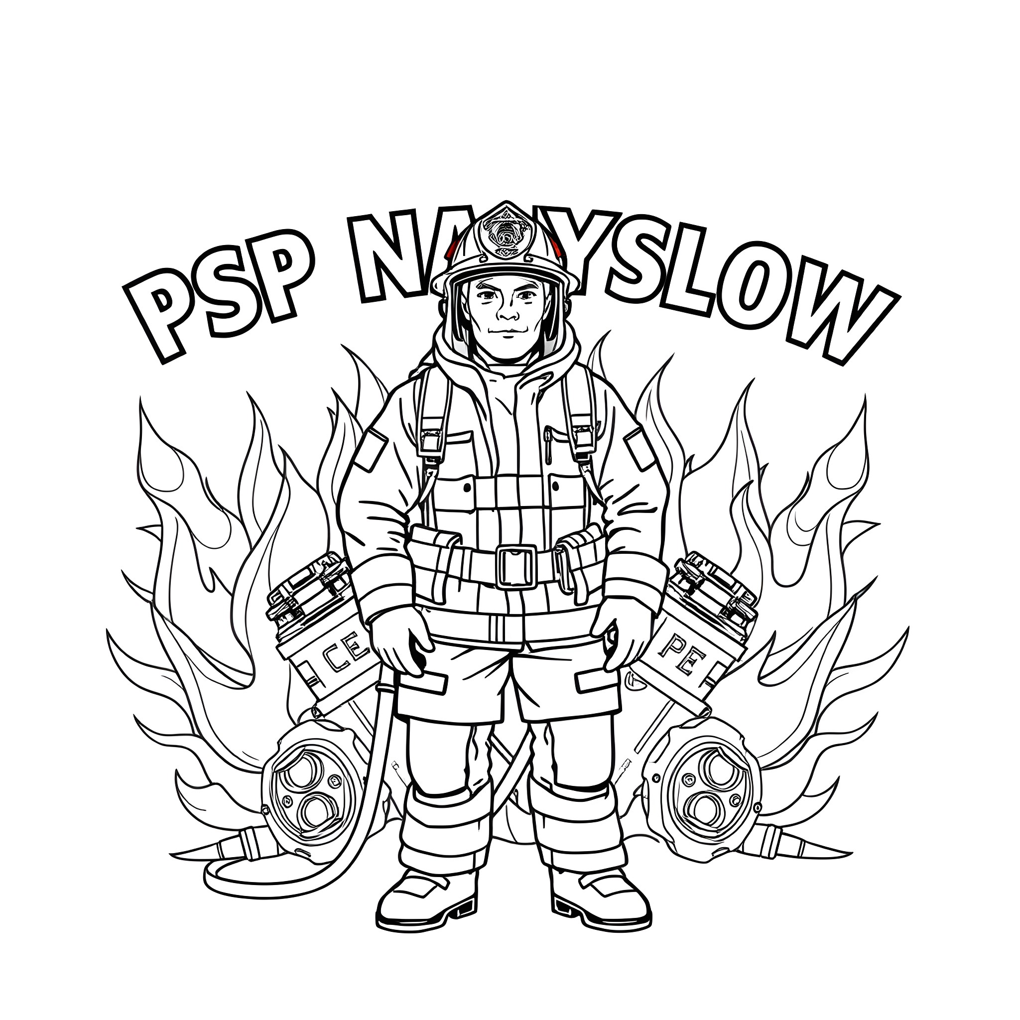 Firefighter in action with protective gear and equipment Coloring Page (free black-and-white line drawing printable PDF for all, from beginners to advanced learners, including children, teens, adults, and seniors)