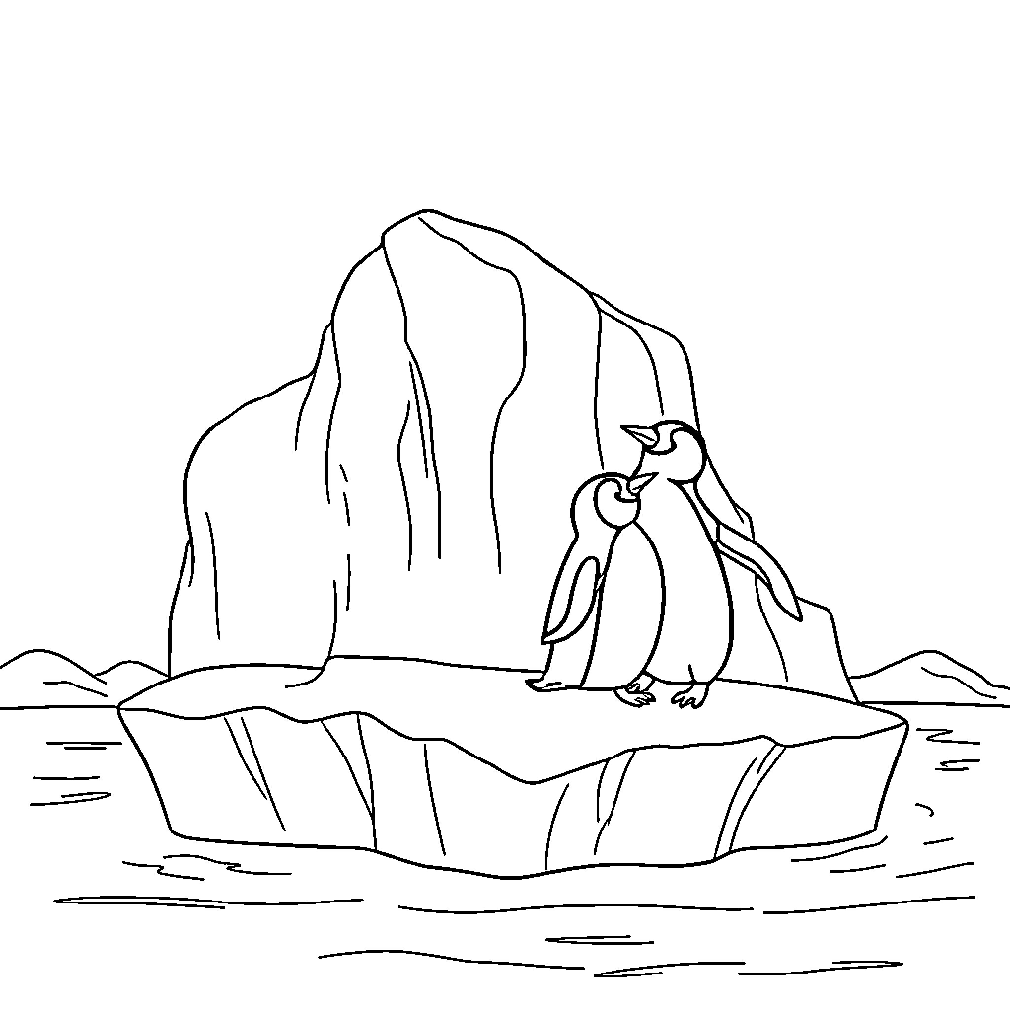 Penguins exploring the icy landscape Coloring Page (free black-and-white line drawing printable PDF for all, from beginners to advanced learners, including children, teens, adults, and seniors)