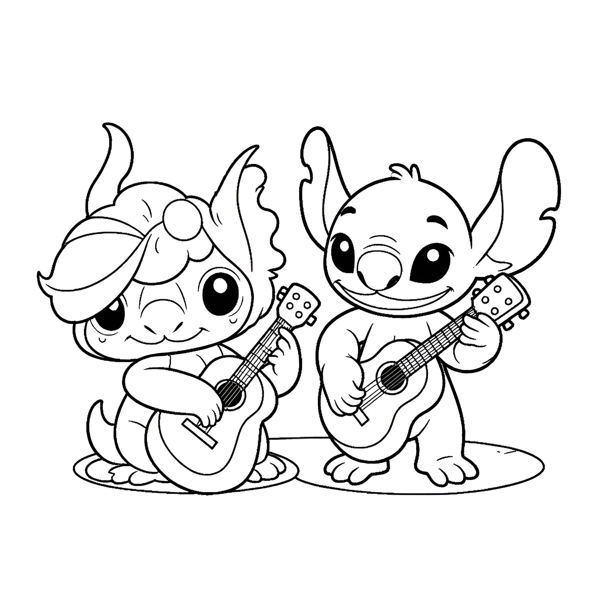 Lilo and Stitch playing music happily Coloring Page (free black-and-white line drawing printable PDF for all, from beginners to advanced learners, including children, teens, adults, and seniors)