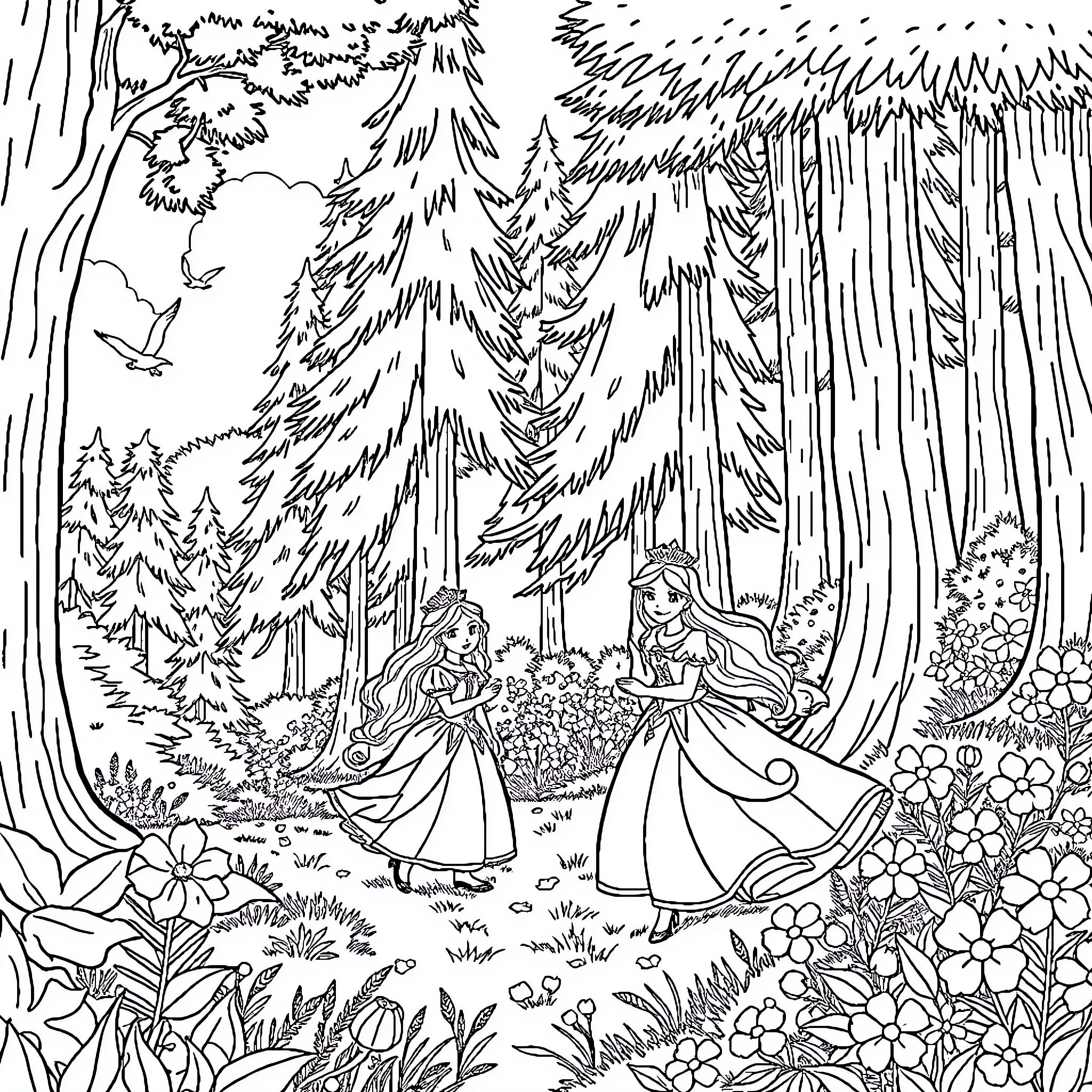 Princess Exploration in the Enchanted Forest Coloring Page (free black-and-white line drawing printable PDF for all, from beginners to advanced learners, including children, teens, adults, and seniors)