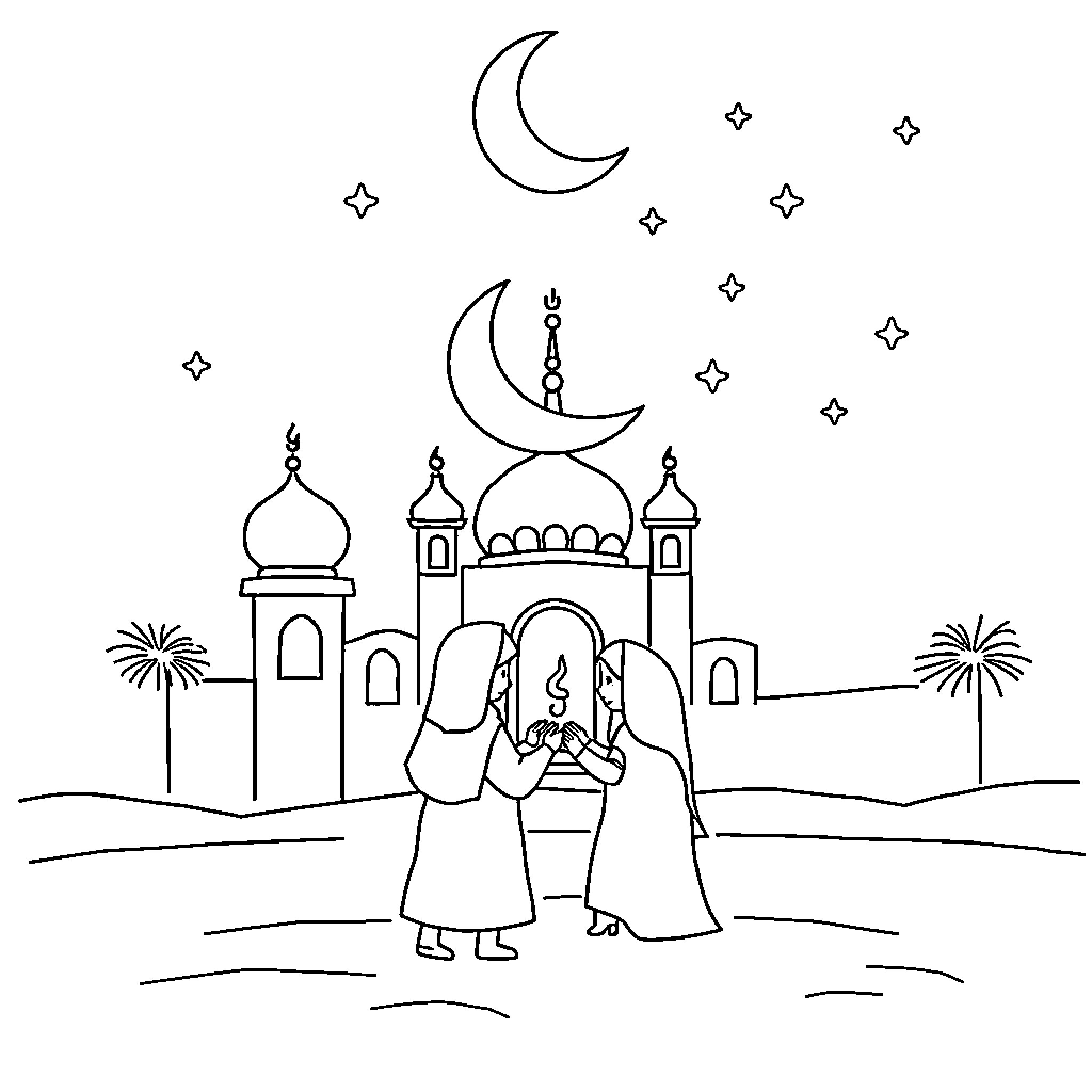 Ramadan celebration with mosque and crescent moon Coloring Page (free black-and-white line drawing printable PDF for all, from beginners to advanced learners, including children, teens, adults, and seniors)