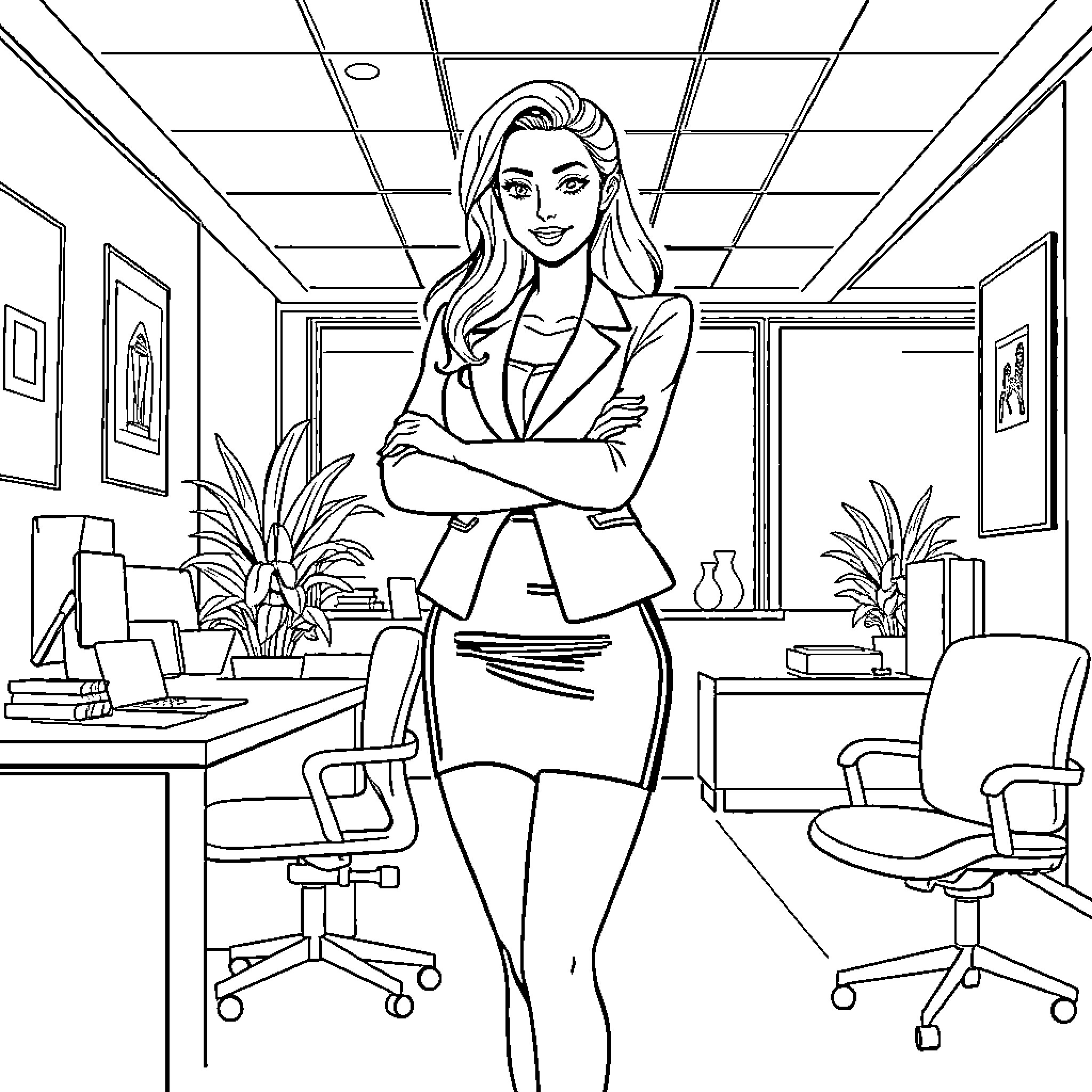 Secretary Standing in Professional Office Coloring Page (free black-and-white line drawing printable PDF for all, from beginners to advanced learners, including children, teens, adults, and seniors)