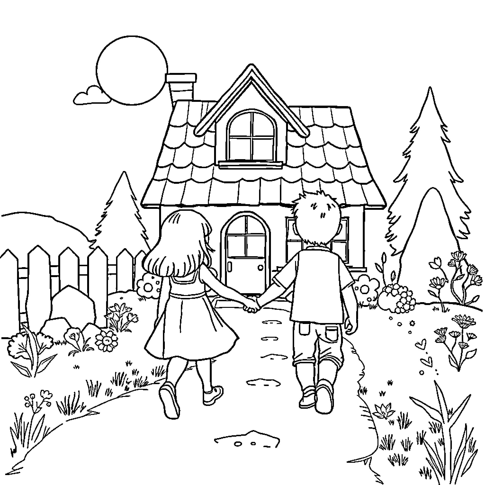 Girls exploring the charming cottage in the woods Coloring Page (free black-and-white line drawing printable PDF for all, from beginners to advanced learners, including children, teens, adults, and seniors)