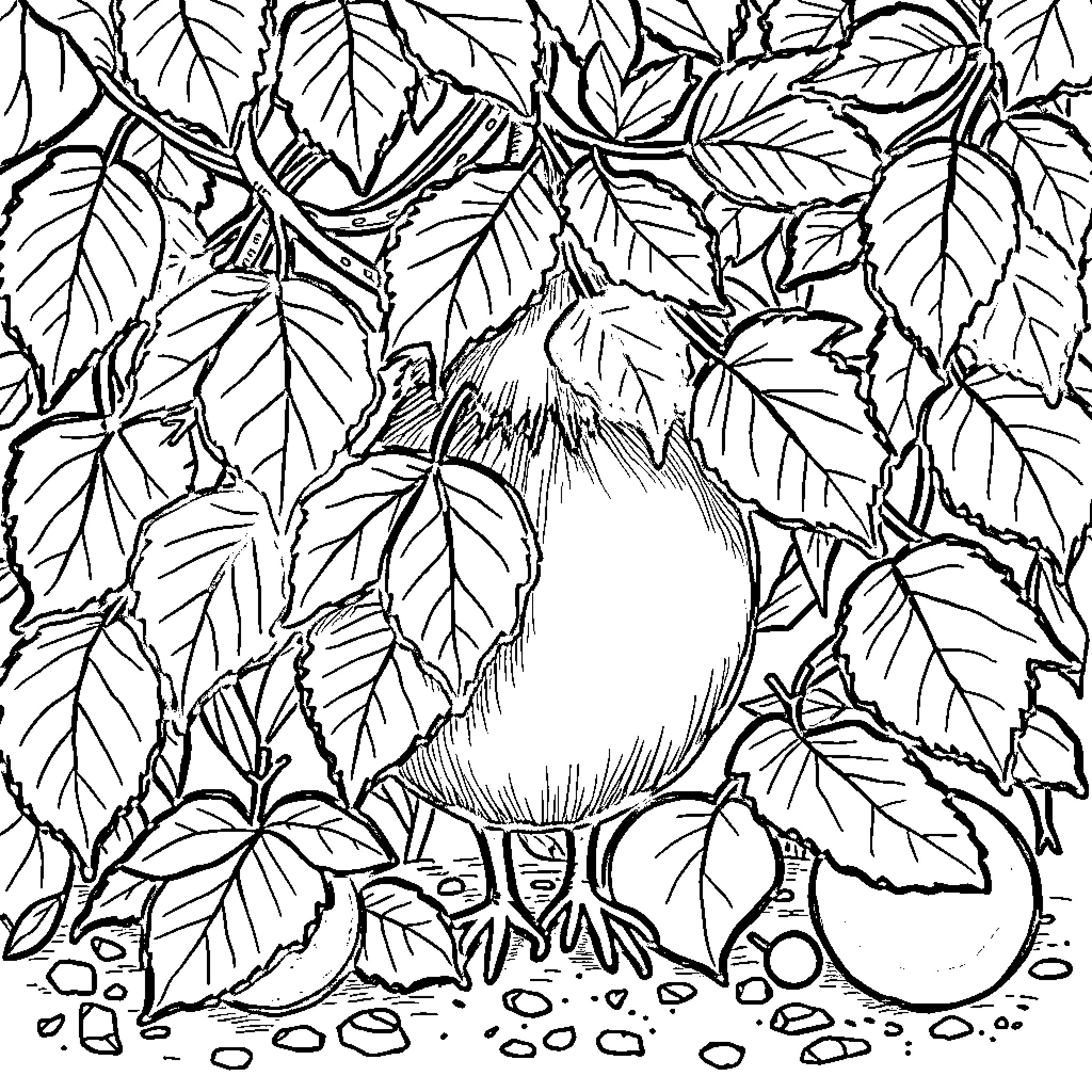 Autumn scene with leaves and fruit Coloring Page (free black-and-white line drawing printable PDF for all, from beginners to advanced learners, including children, teens, adults, and seniors)