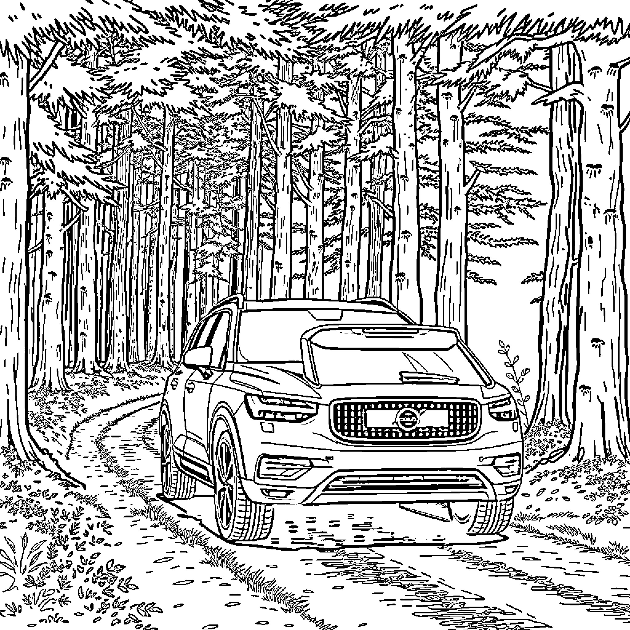 Volvo SUV traversing a wooded trail Coloring Page (free black-and-white line drawing printable PDF for all, from beginners to advanced learners, including children, teens, adults, and seniors)