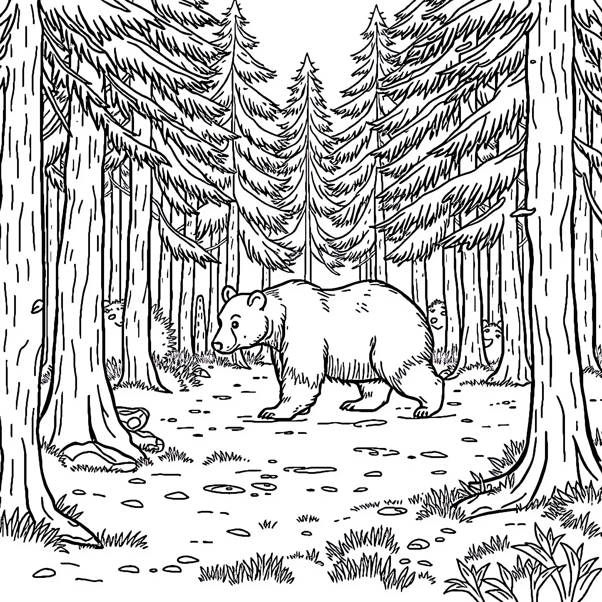Bear wandering in the serene forest Coloring Page (free black-and-white line drawing printable PDF for all, from beginners to advanced learners, including children, teens, adults, and seniors)