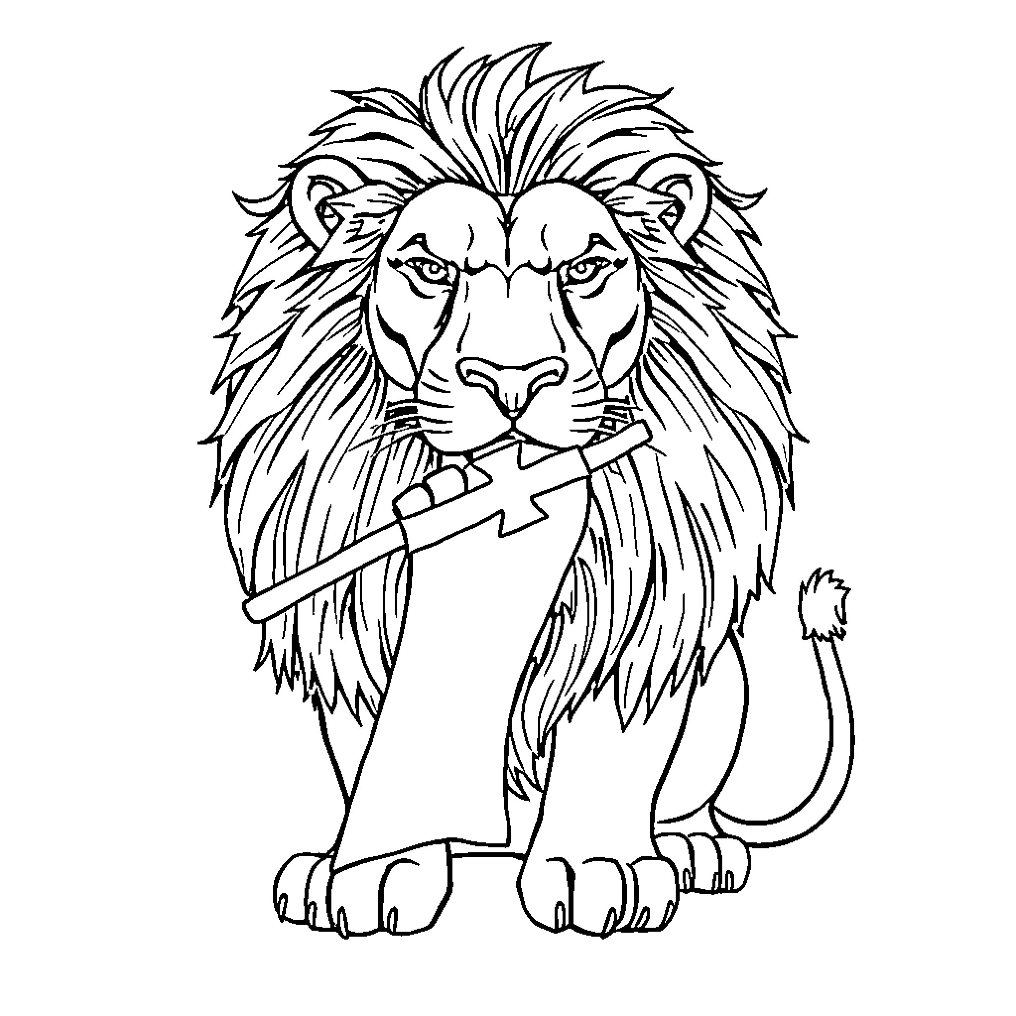 Lion with determined expression holding sword Coloring Page (free black-and-white line drawing printable PDF for all, from beginners to advanced learners, including children, teens, adults, and seniors)