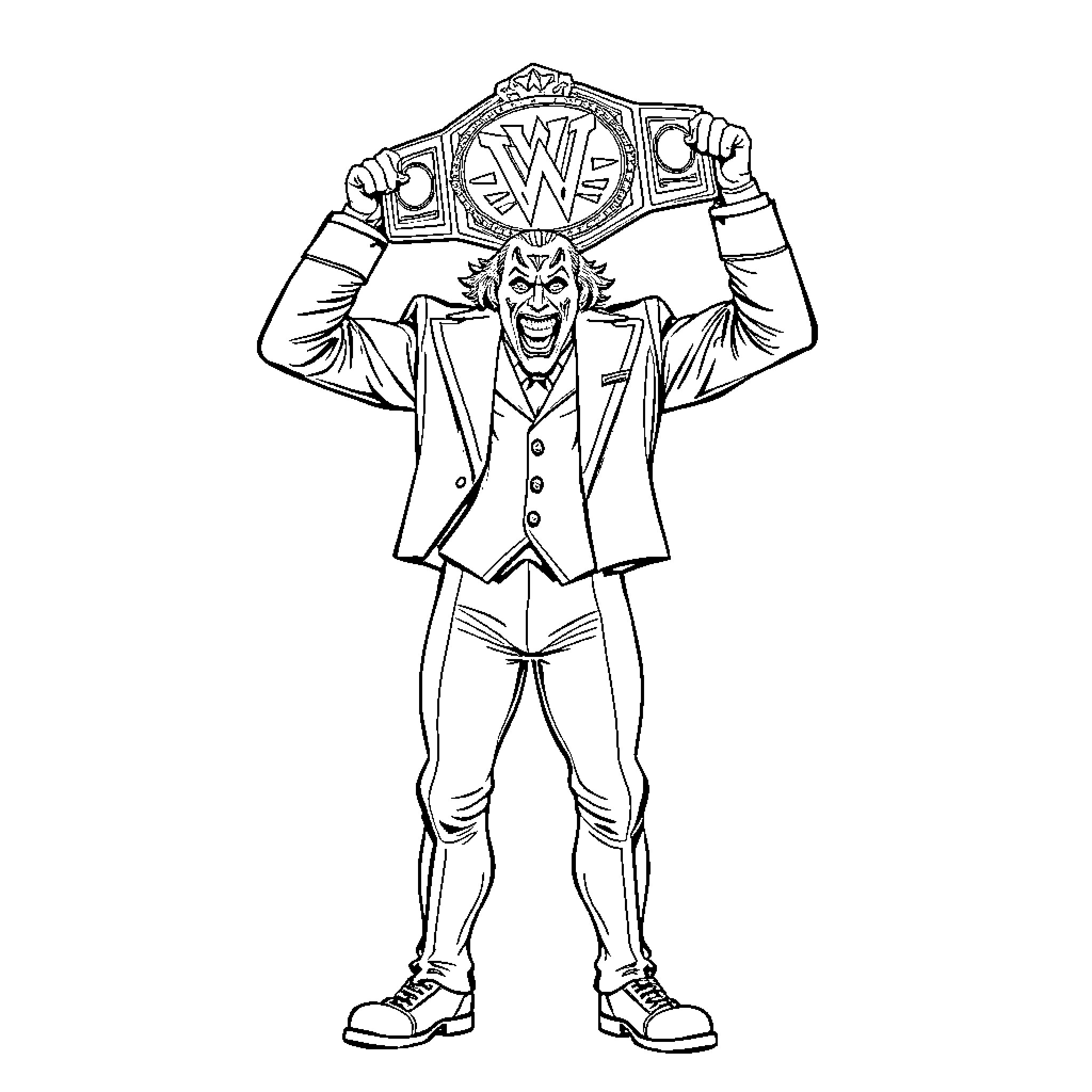 Joker Holding Wrestling Championship Belt Coloring Page (free black-and-white line drawing printable PDF for all, from beginners to advanced learners, including children, teens, adults, and seniors)