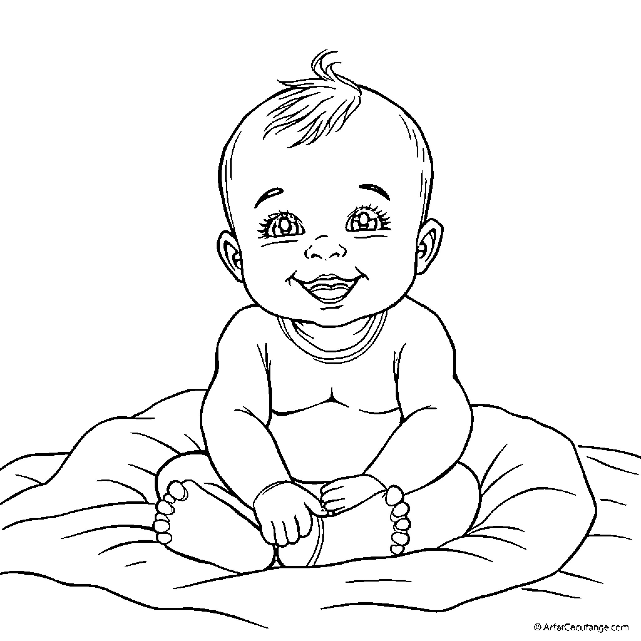 Baby smiling and enjoying playtime Coloring Page (free black-and-white line drawing printable PDF for all, from beginners to advanced learners, including children, teens, adults, and seniors)