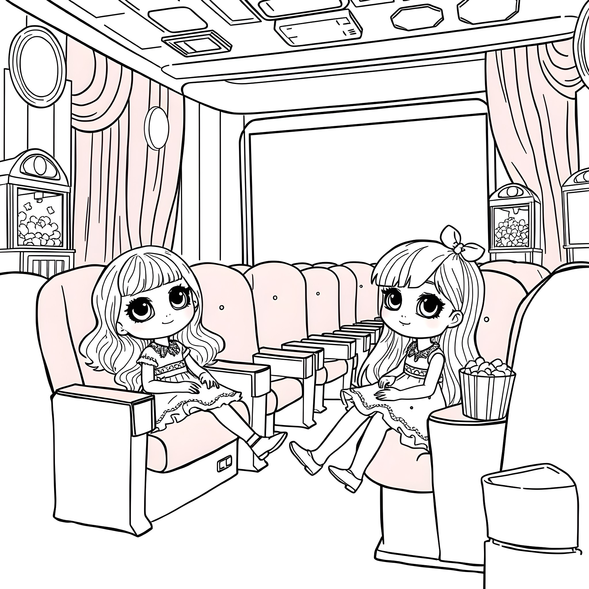 Doll friends watching a movie in a cozy theater Coloring Page (free black-and-white line drawing printable PDF for all, from beginners to advanced learners, including children, teens, adults, and seniors)