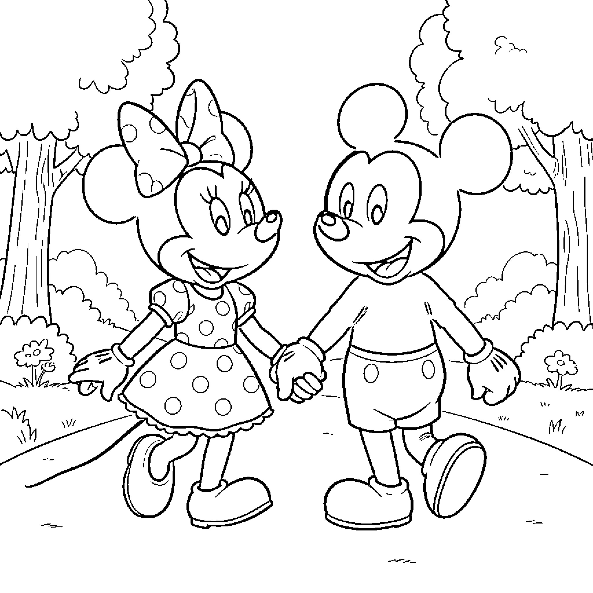 Minnie and Mickey exploring the forest happily Coloring Page (free black-and-white line drawing printable PDF for all, from beginners to advanced learners, including children, teens, adults, and seniors)