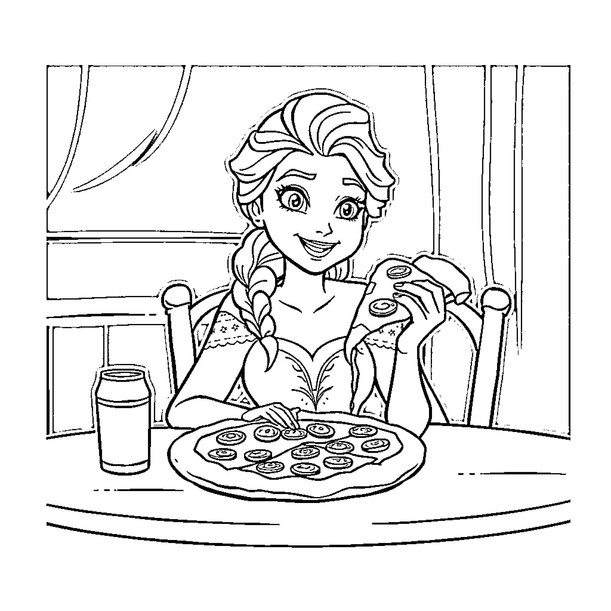 Elsa Preparing Delicious Cookies in the Kitchen Coloring Page (free black-and-white line drawing printable PDF for all, from beginners to advanced learners, including children, teens, adults, and seniors)