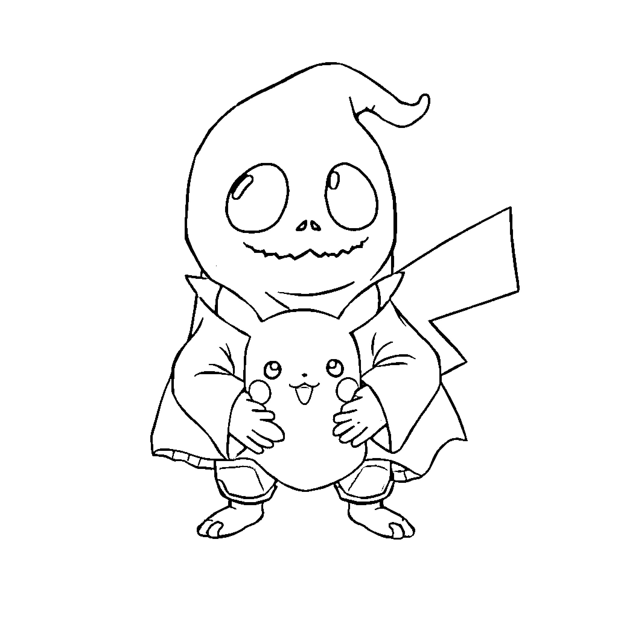 Ghostface character hugging Pikachu figure Coloring Page (free black-and-white line drawing printable PDF for all, from beginners to advanced learners, including children, teens, adults, and seniors)