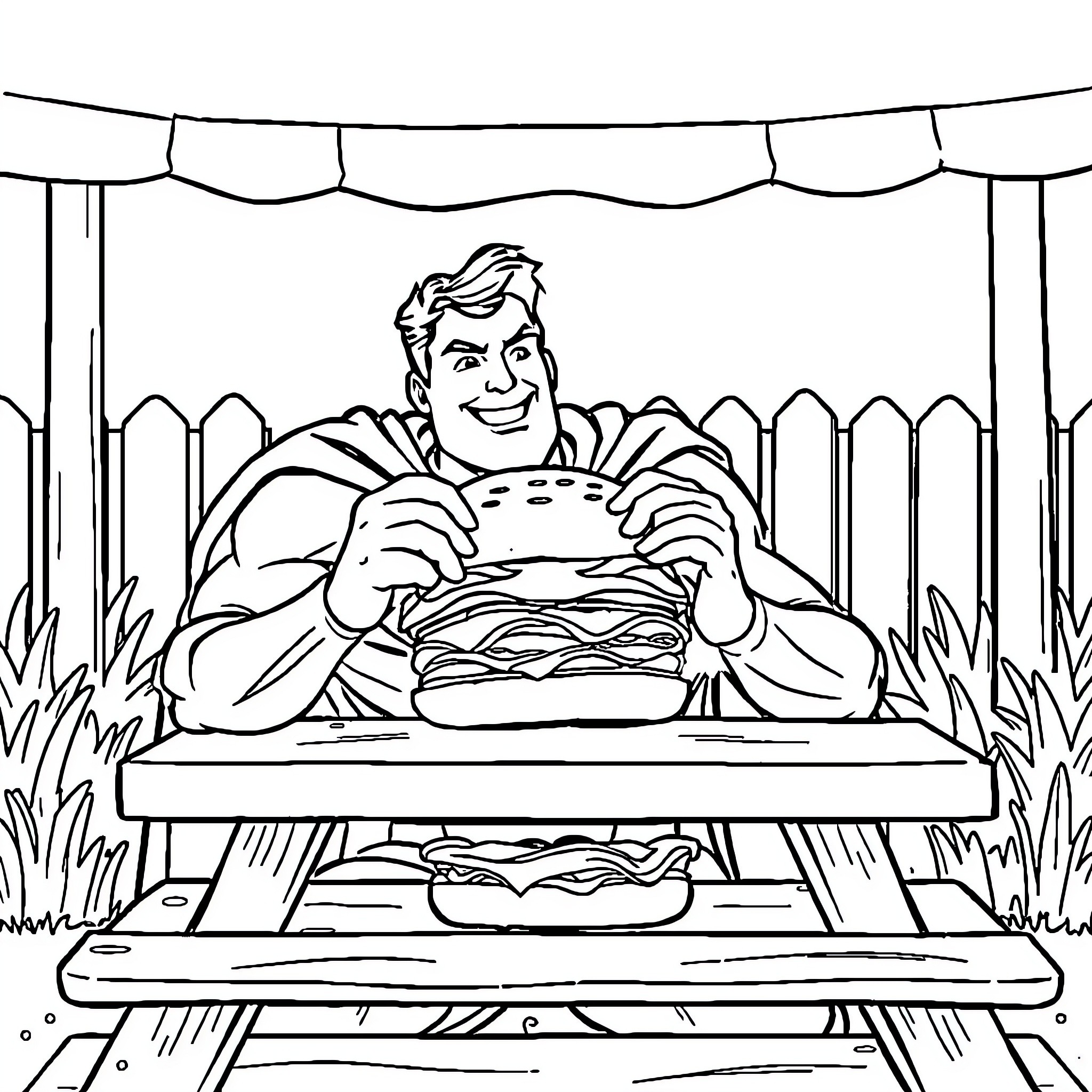 Superman enjoying a delicious burger outdoors Coloring Page (free black-and-white line drawing printable PDF for all, from beginners to advanced learners, including children, teens, adults, and seniors)