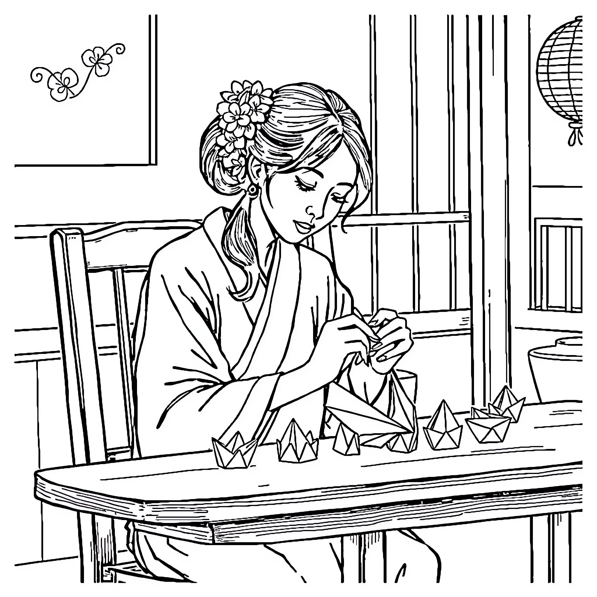 Woman folding origami paper boats by the window Coloring Page (free black-and-white line drawing printable PDF for all, from beginners to advanced learners, including children, teens, adults, and seniors)