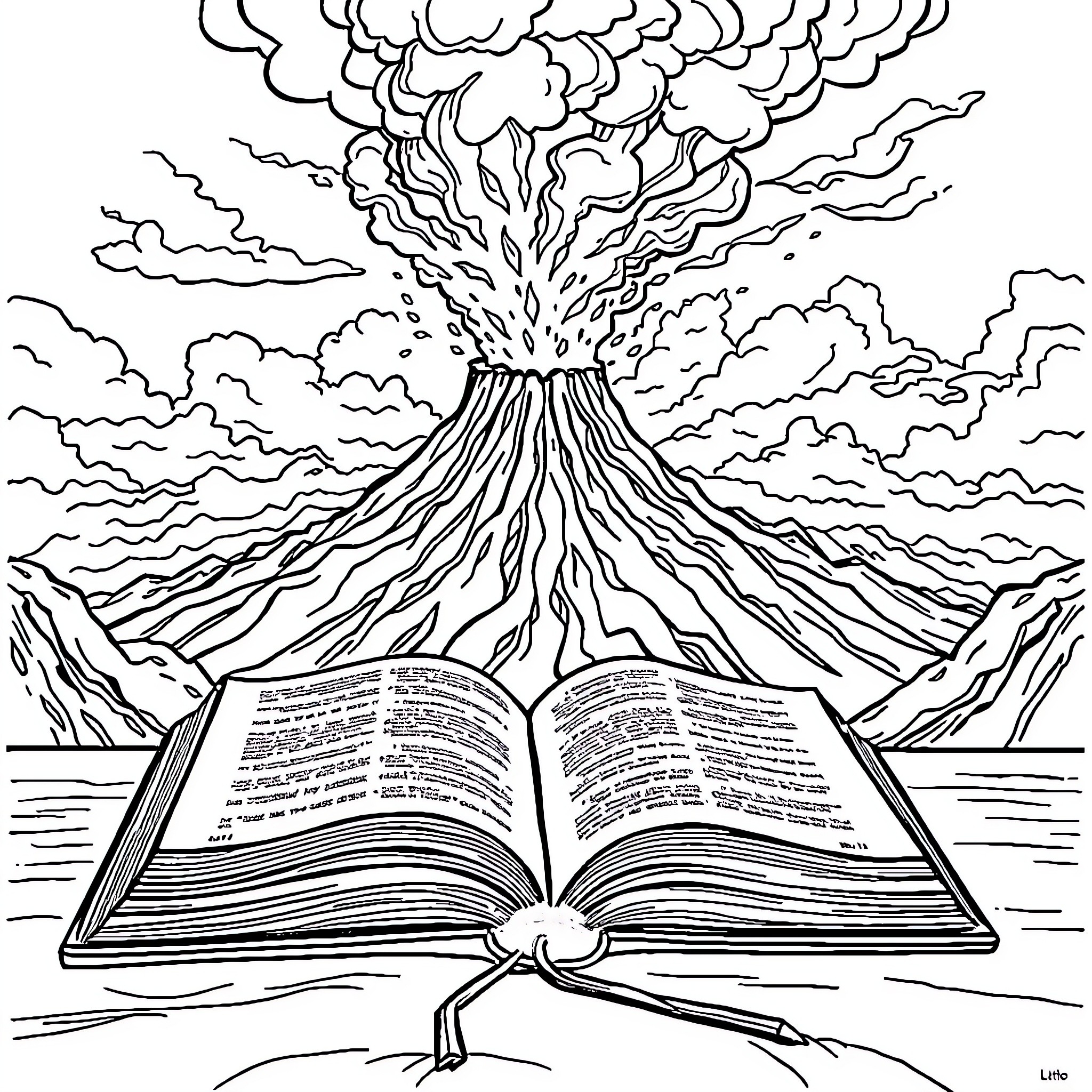 Bible - Volcanic Eruption Emerging from Open Book Coloring Page (free black-and-white line drawing printable PDF for all, from beginners to advanced learners, including children, teens, adults, and seniors)