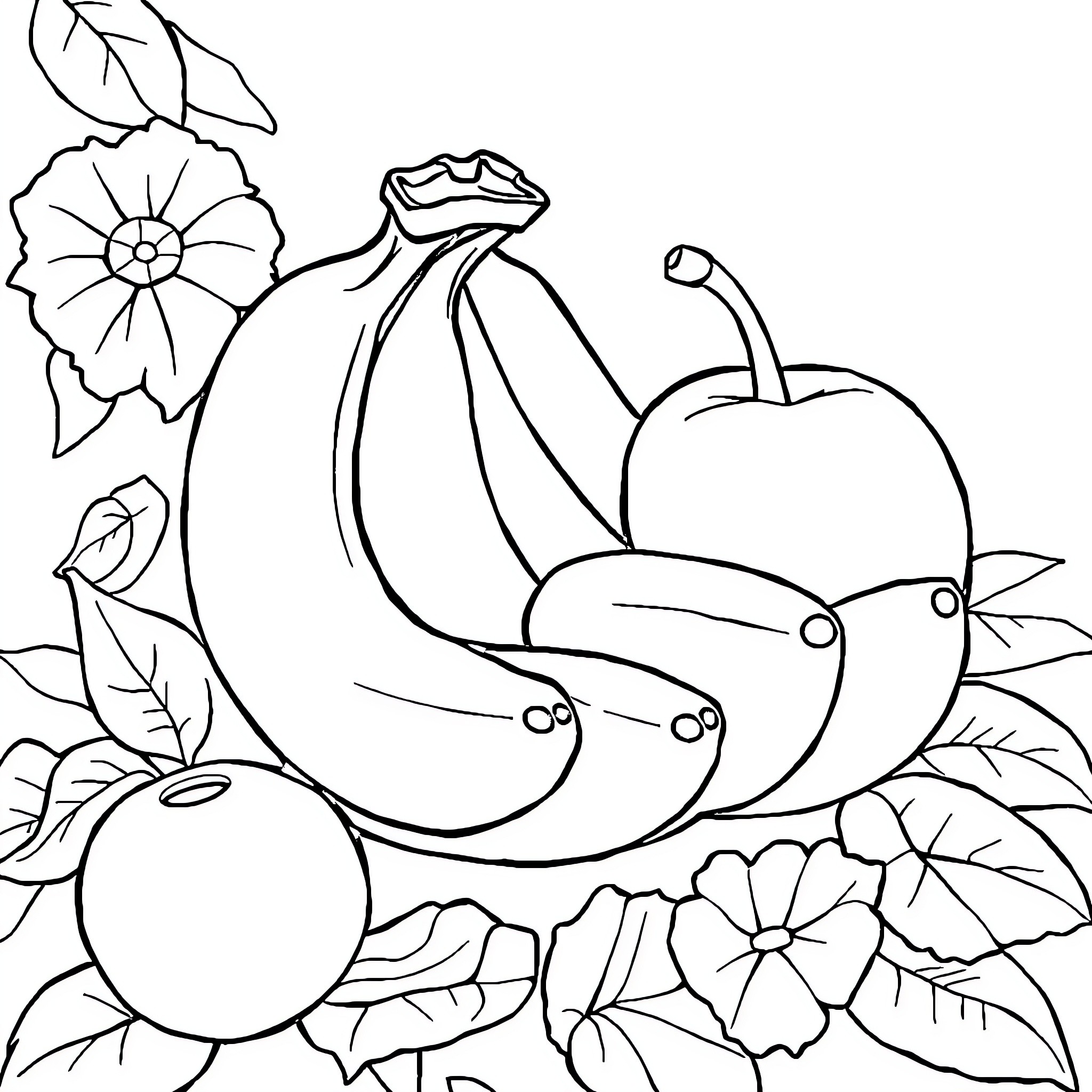 Fruit and Floral Arrangement Coloring Page (free black-and-white line drawing printable PDF for all, from beginners to advanced learners, including children, teens, adults, and seniors)
