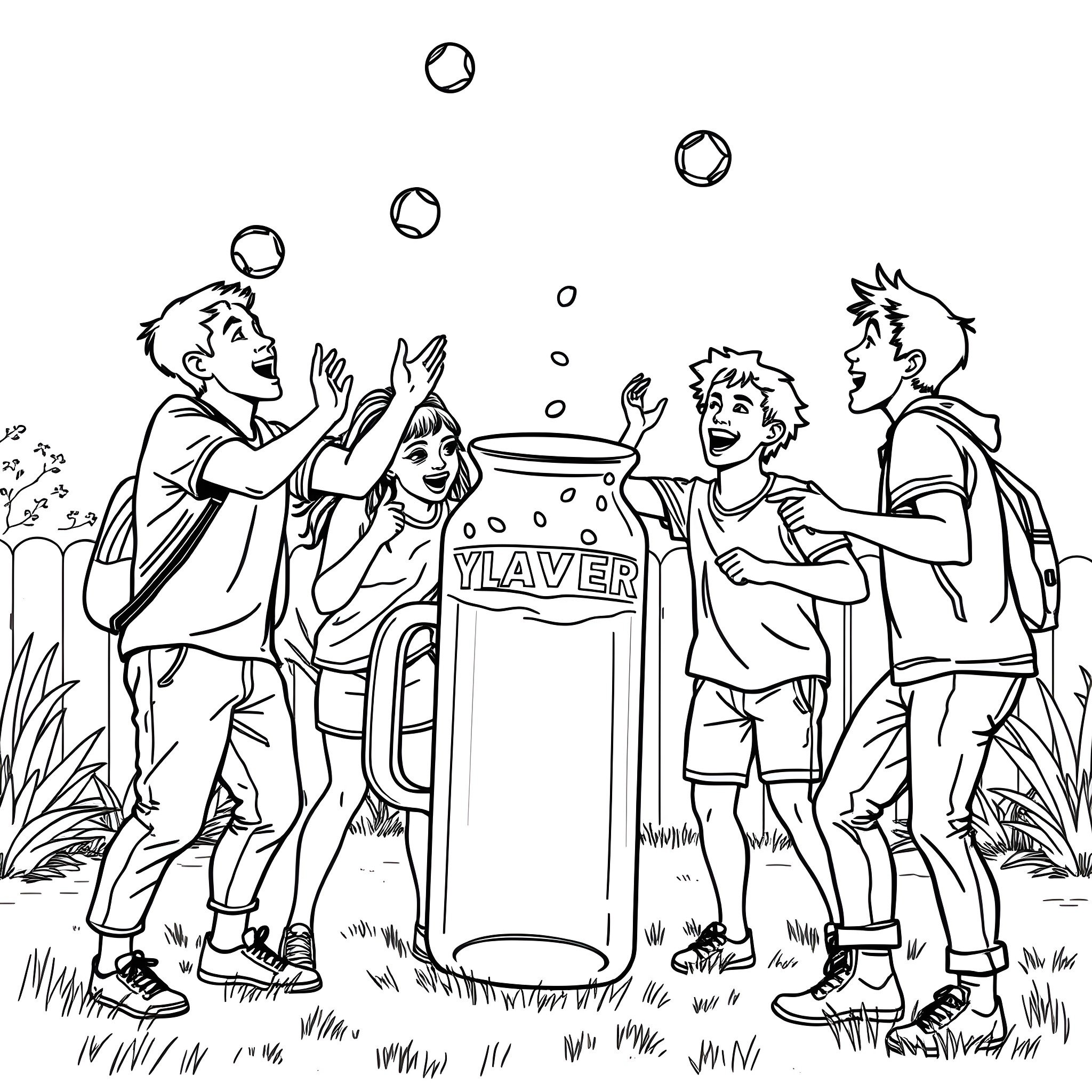 Bean Bag Friends Playing in the Park Coloring Page (free black-and-white line drawing printable PDF for all, from beginners to advanced learners, including children, teens, adults, and seniors)