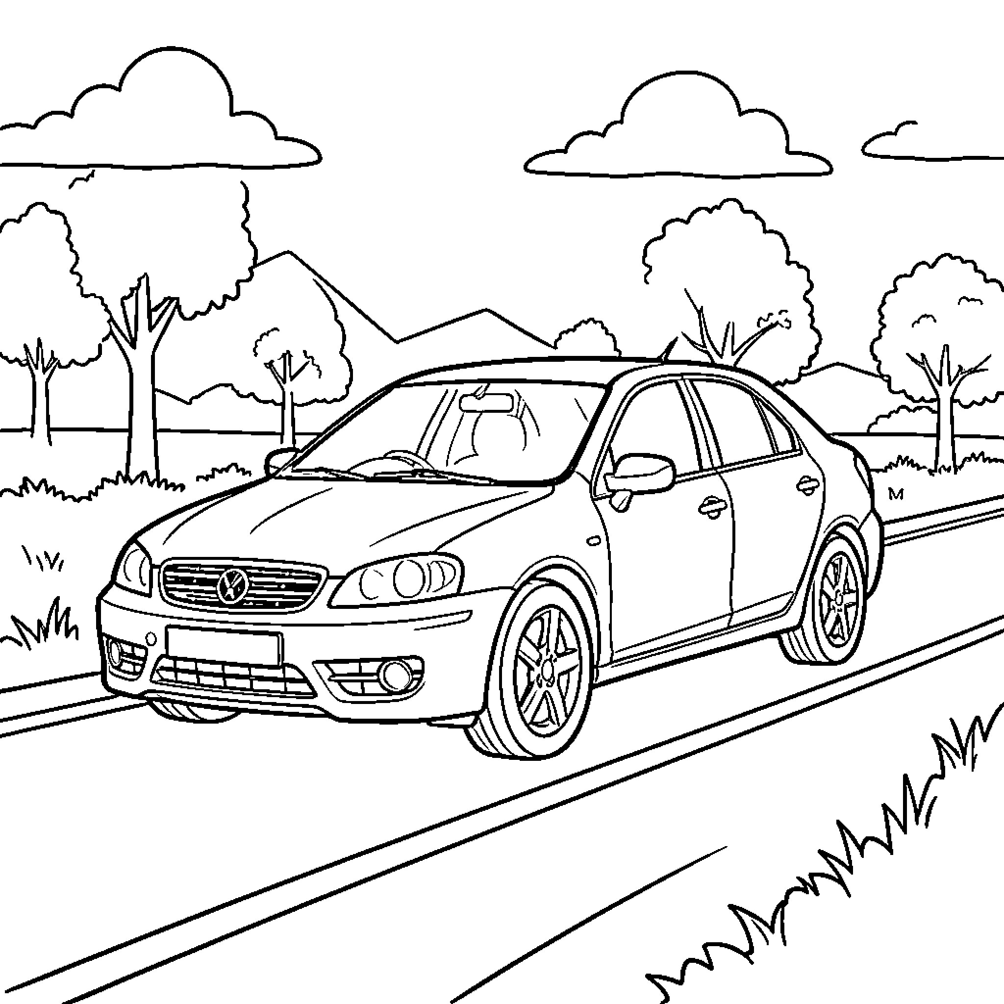 Car driving along a scenic road through nature Coloring Page (free black-and-white line drawing printable PDF for all, from beginners to advanced learners, including children, teens, adults, and seniors)