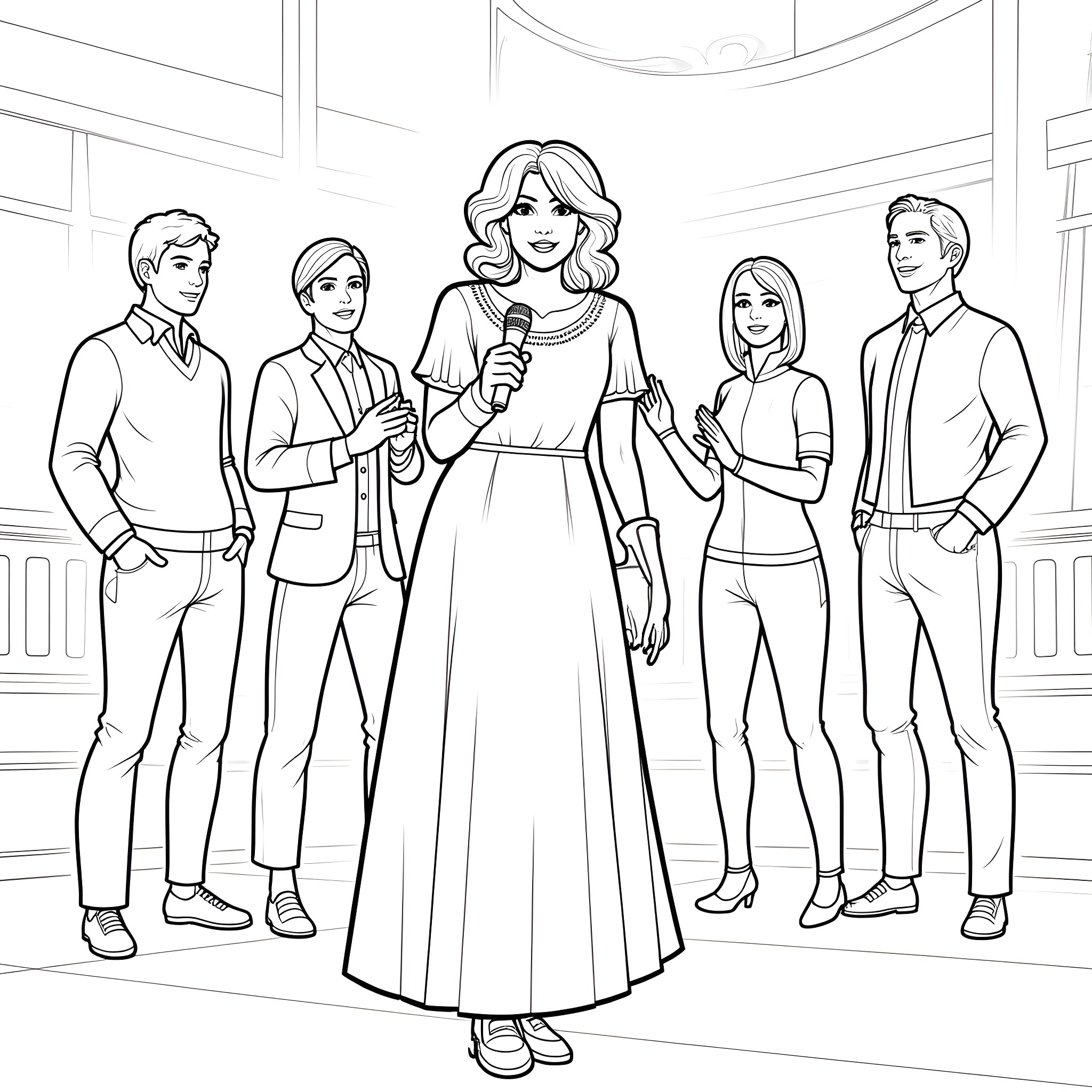 Reba McEntire Performing on Stage with Her Team Coloring Page (free black-and-white line drawing printable PDF for all, from beginners to advanced learners, including children, teens, adults, and seniors)