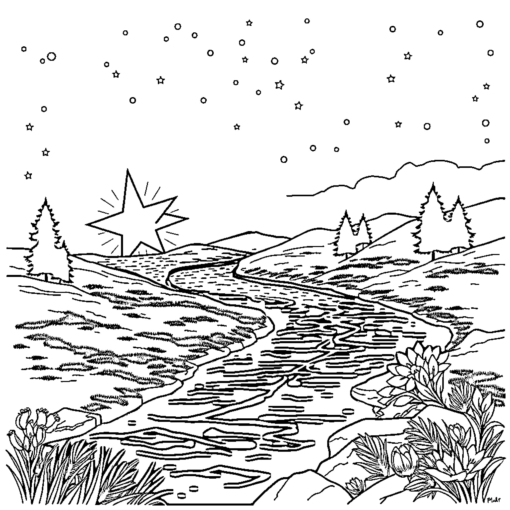 Star-filled night over serene mountain landscape Coloring Page (free black-and-white line drawing printable PDF for all, from beginners to advanced learners, including children, teens, adults, and seniors)